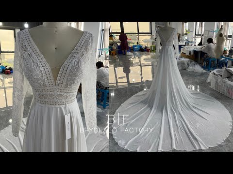 wholesale sleeved plunging lace chiffon boho wedding dress