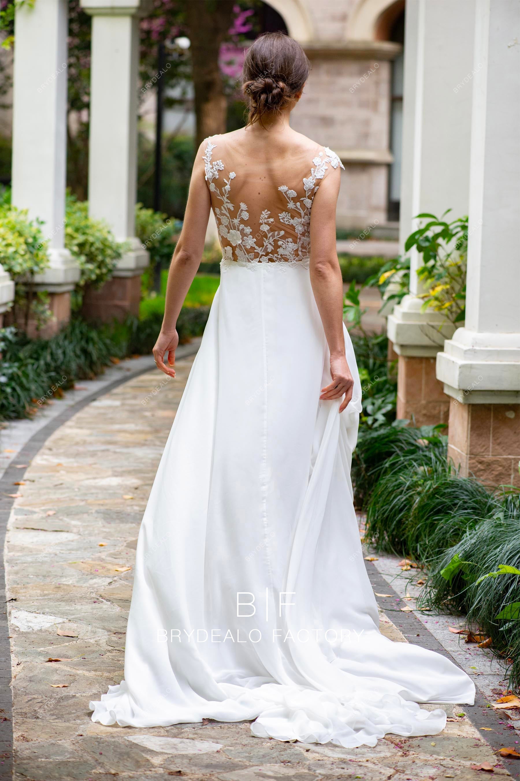 illusion lace back long chiffon wedding dress