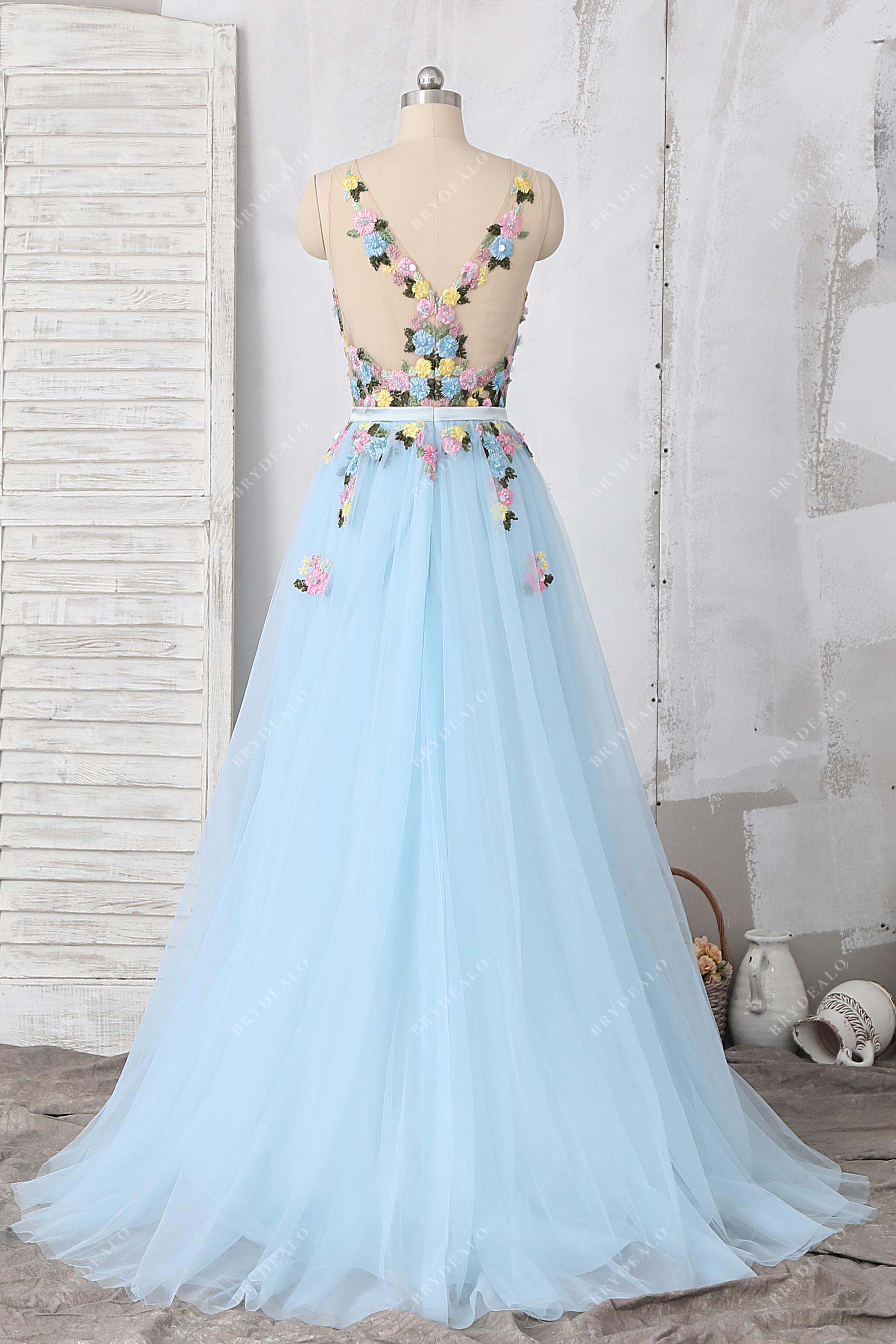 illusion V-back blue tulle prom dress