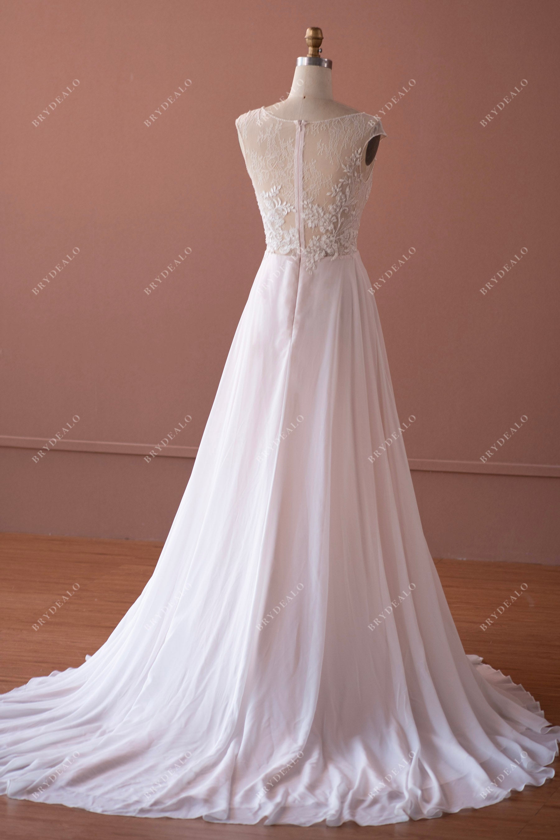 illusion back beaded lace chiffon wedding dress