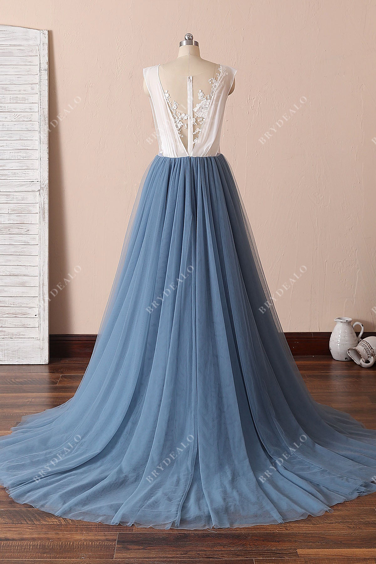 illusion back classy two-tone illusion ivory lace dusty blue tulle dress
