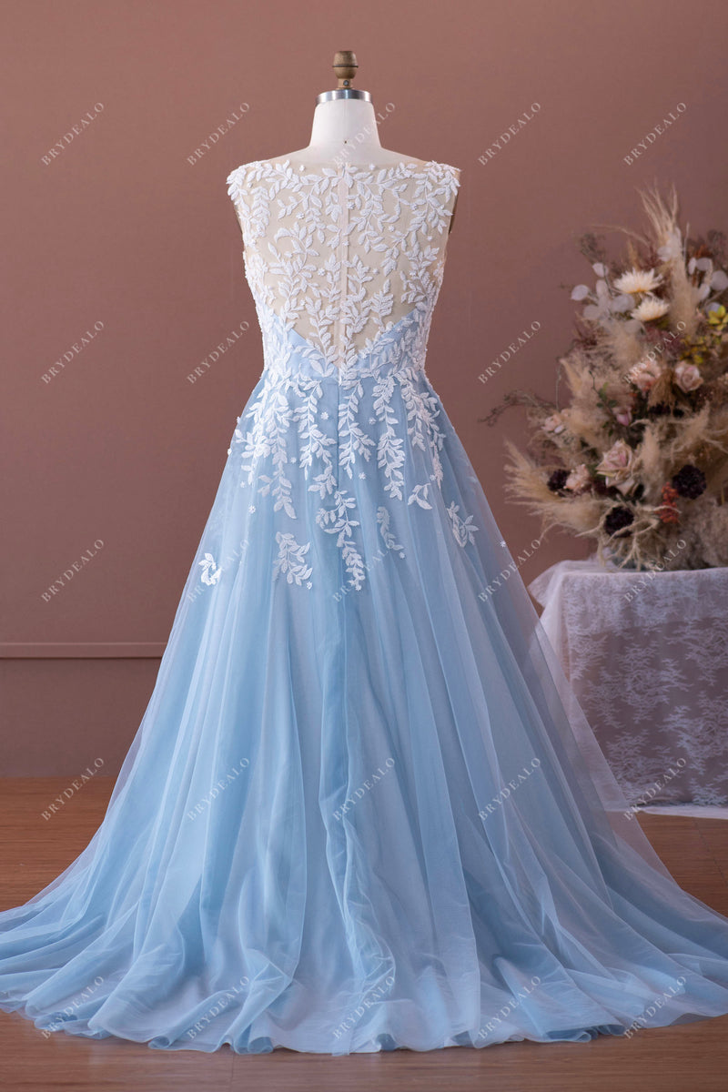 Illusion Back Designer Blue Shades Lace Tulle Wedding Ball Gown