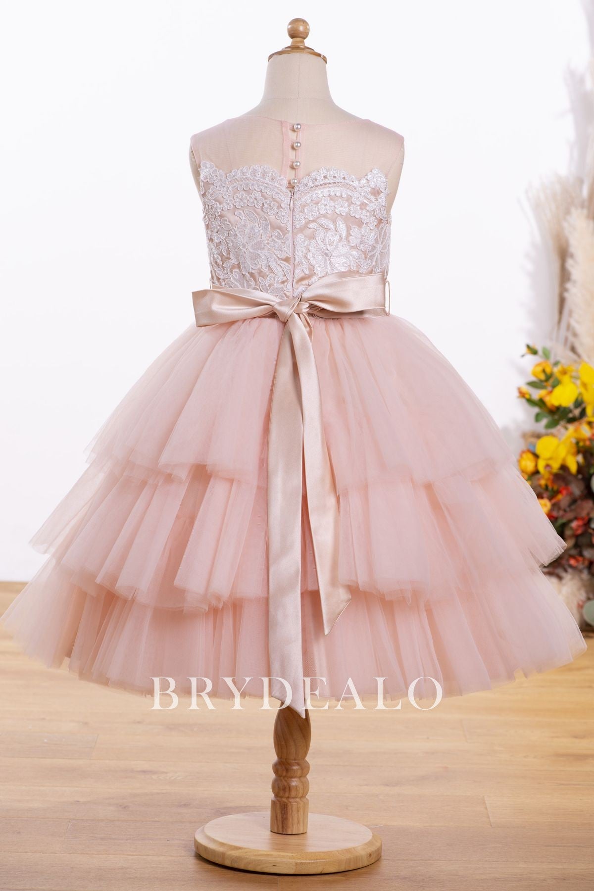 Illusion Back Pink Knee Length Tiered Flower Girl Dress