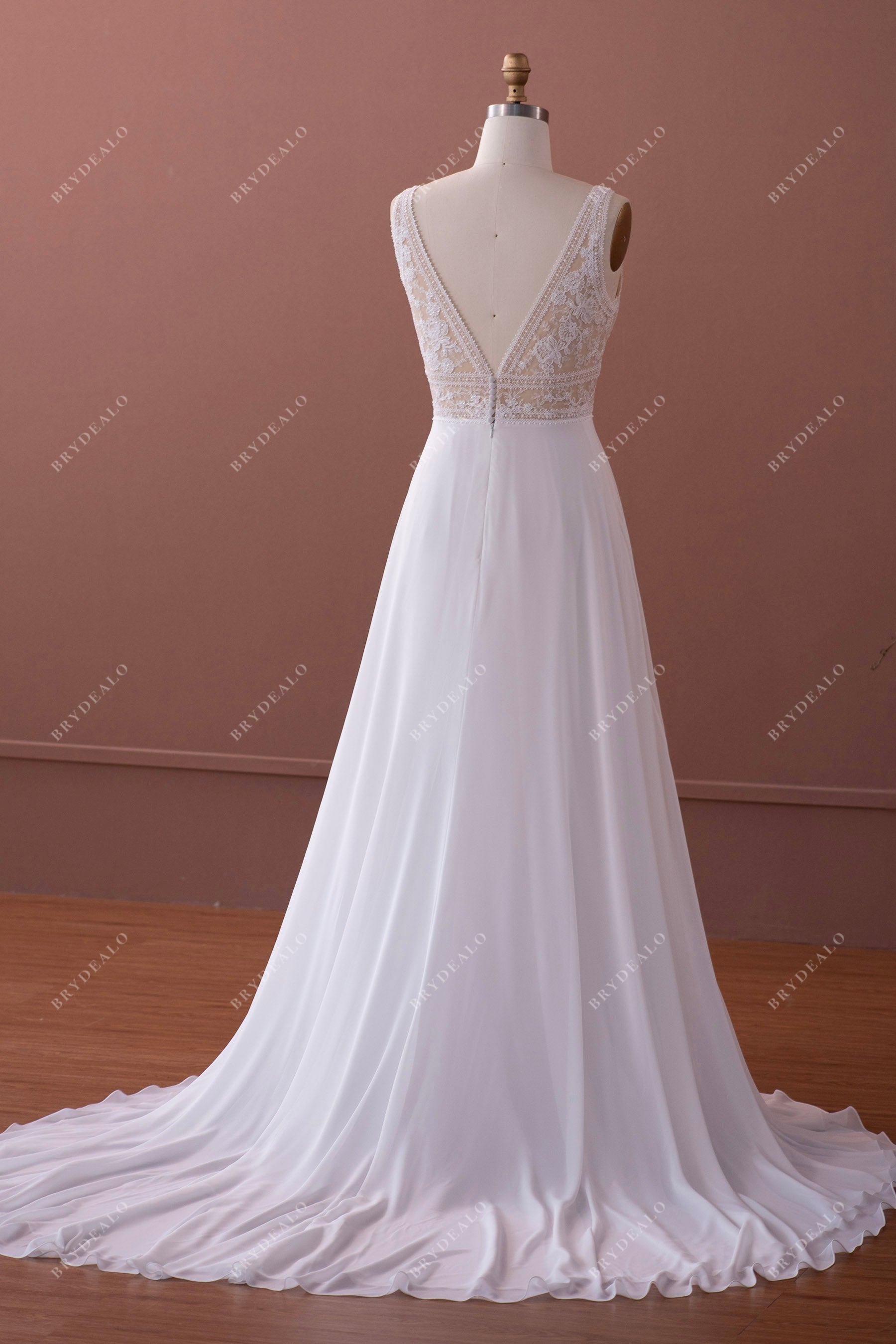 illusion back lace chiffon long wedding dress