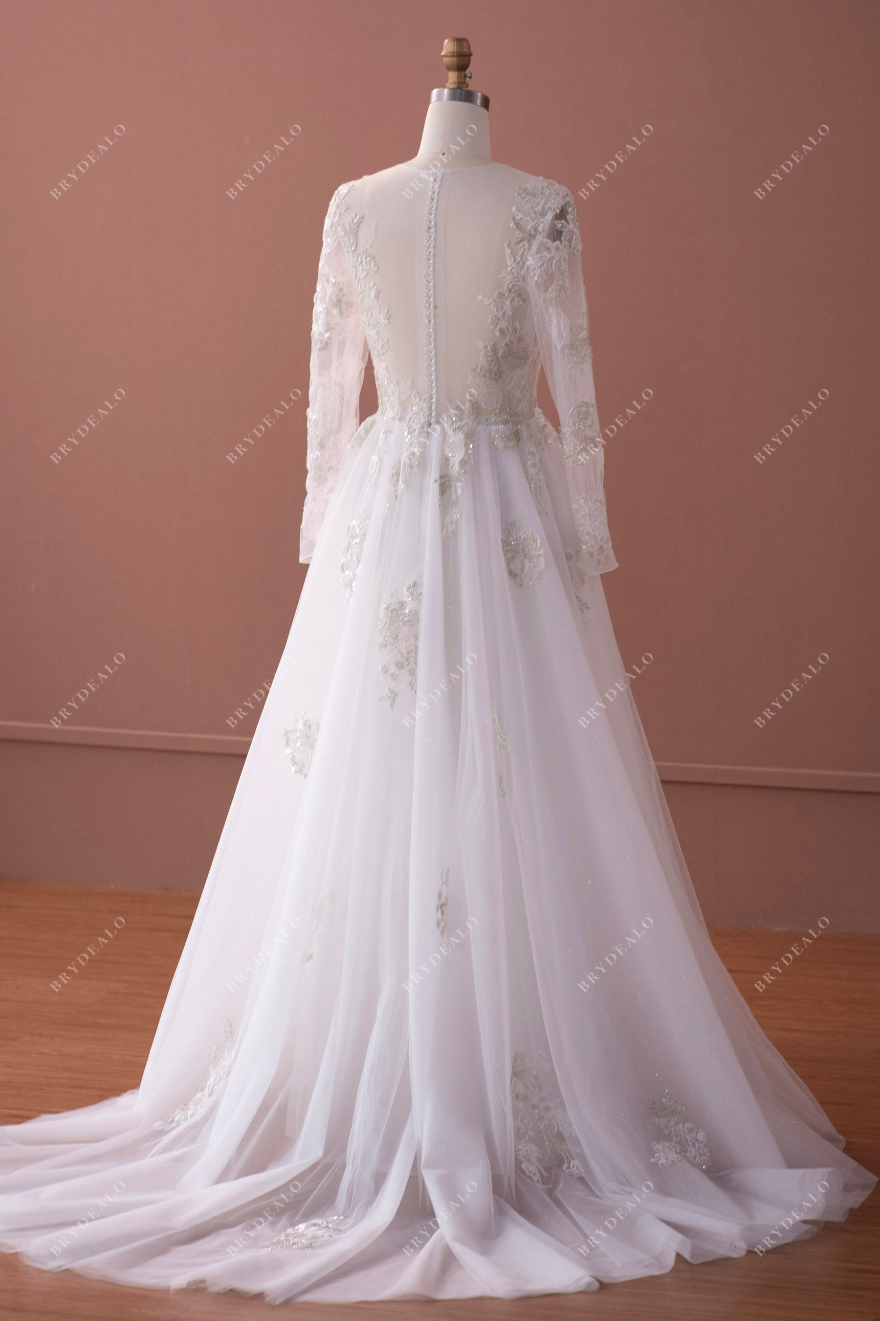 illusion back long lace tulle wedding dress