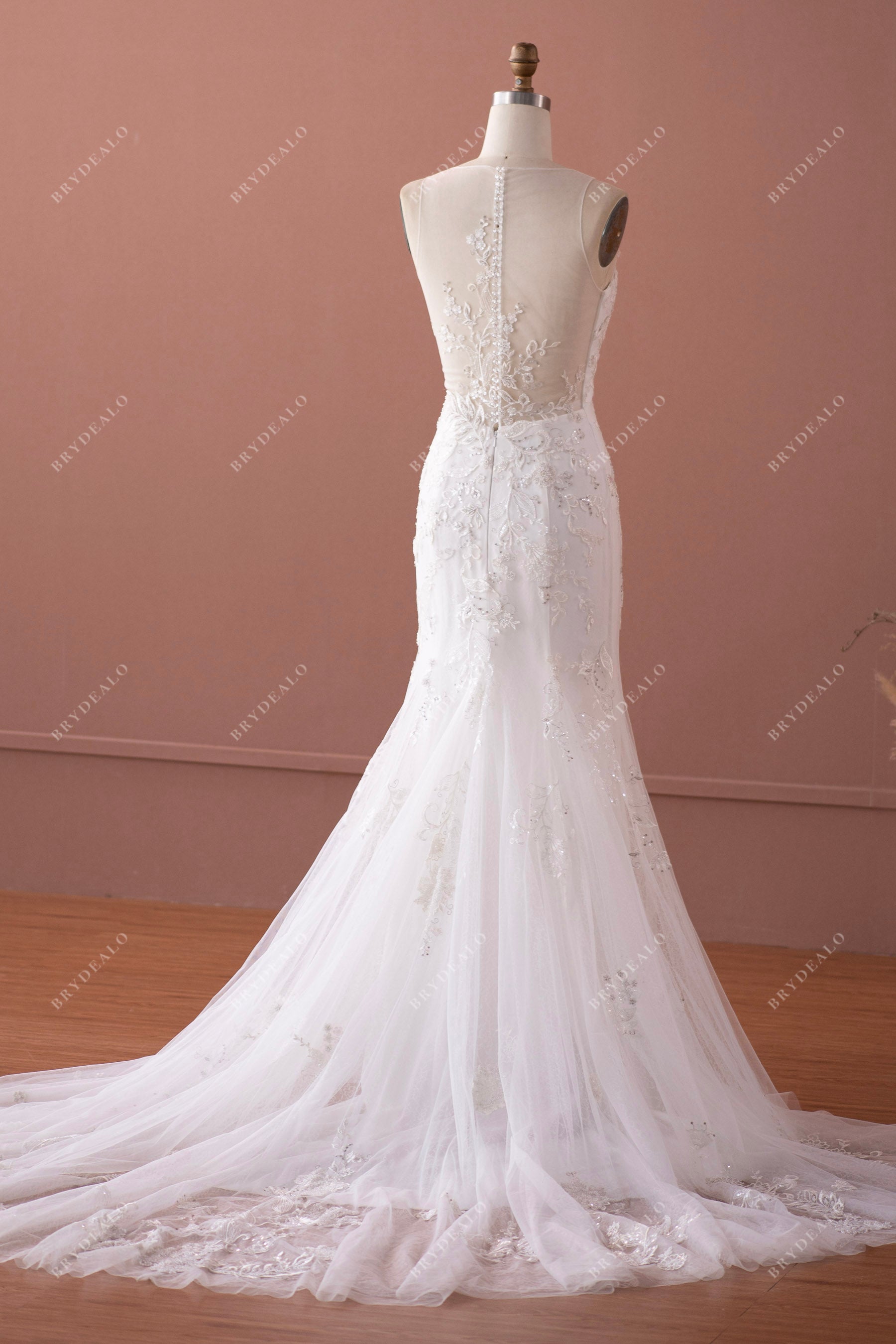 illusion back long mermaid wedding dress