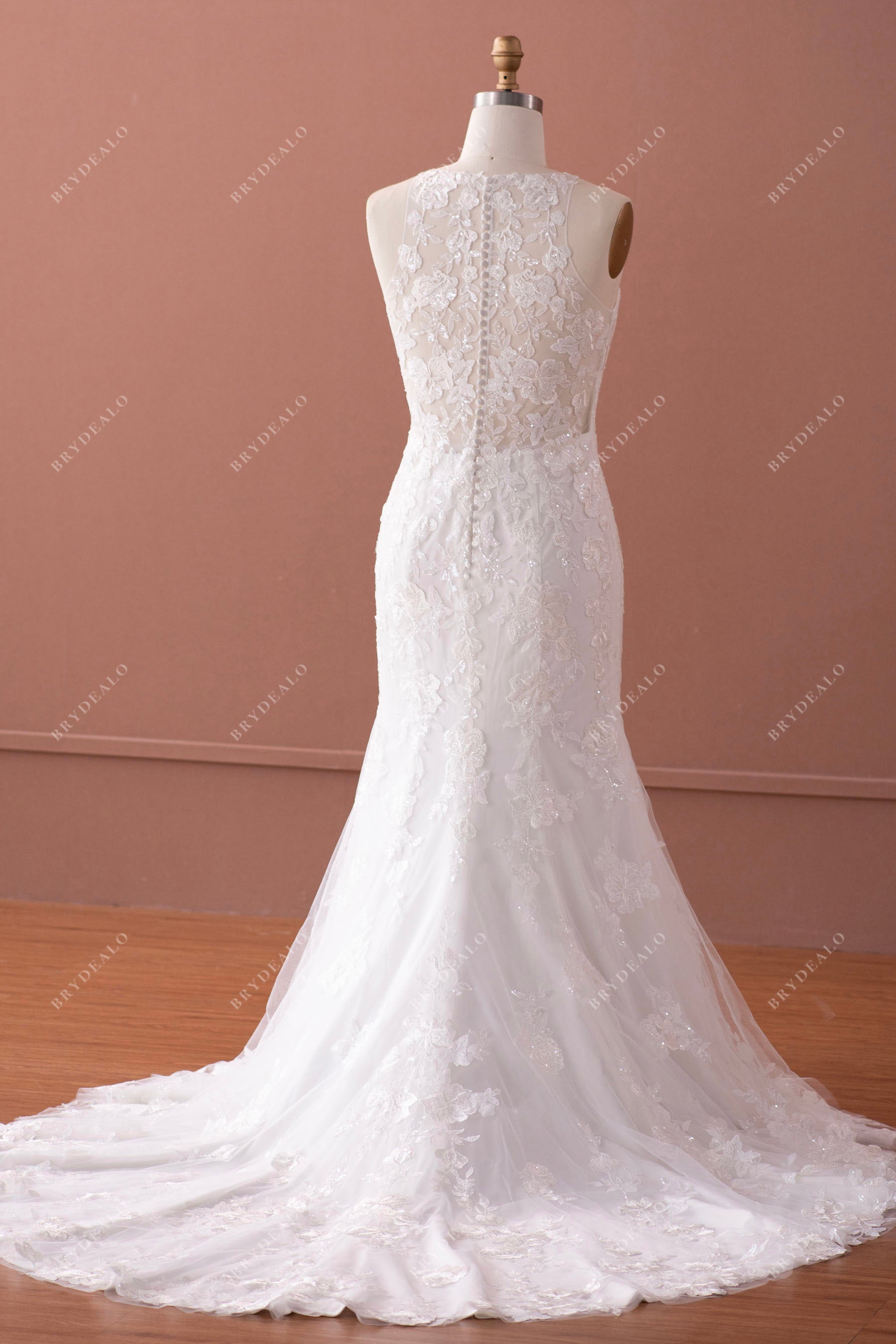 illusion back mermaid long buttoned wedding dress for wholesale
