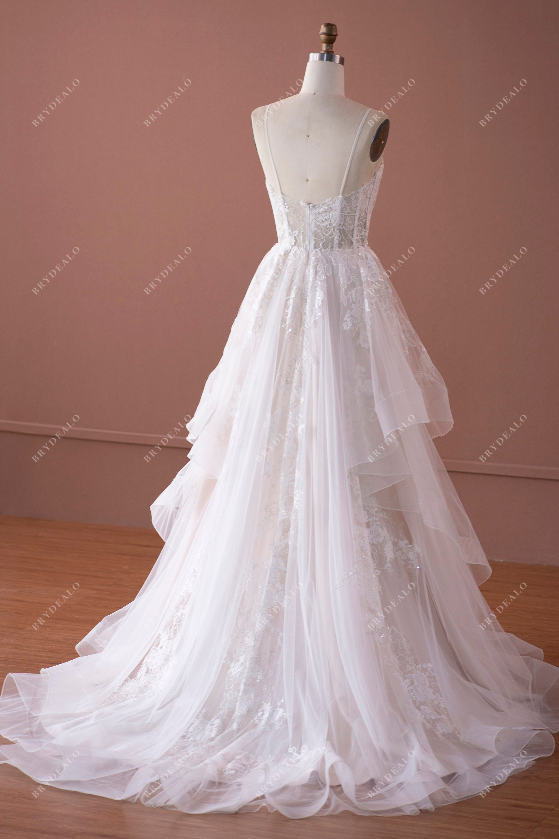 Illusion Back Lace Tulle Flounce A-line Wedding Dress
