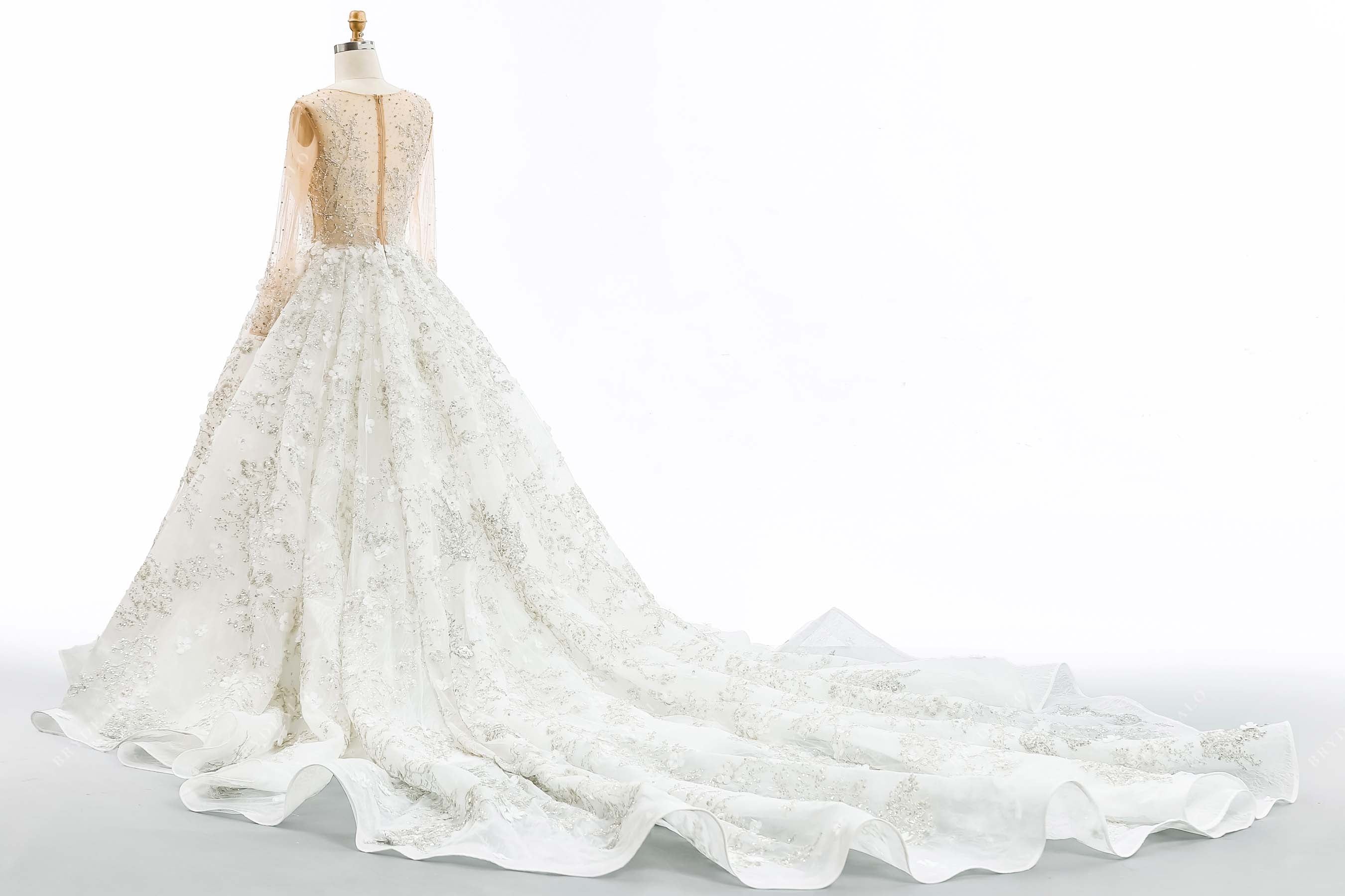 illusion back sheer sleeves long train bridal gown