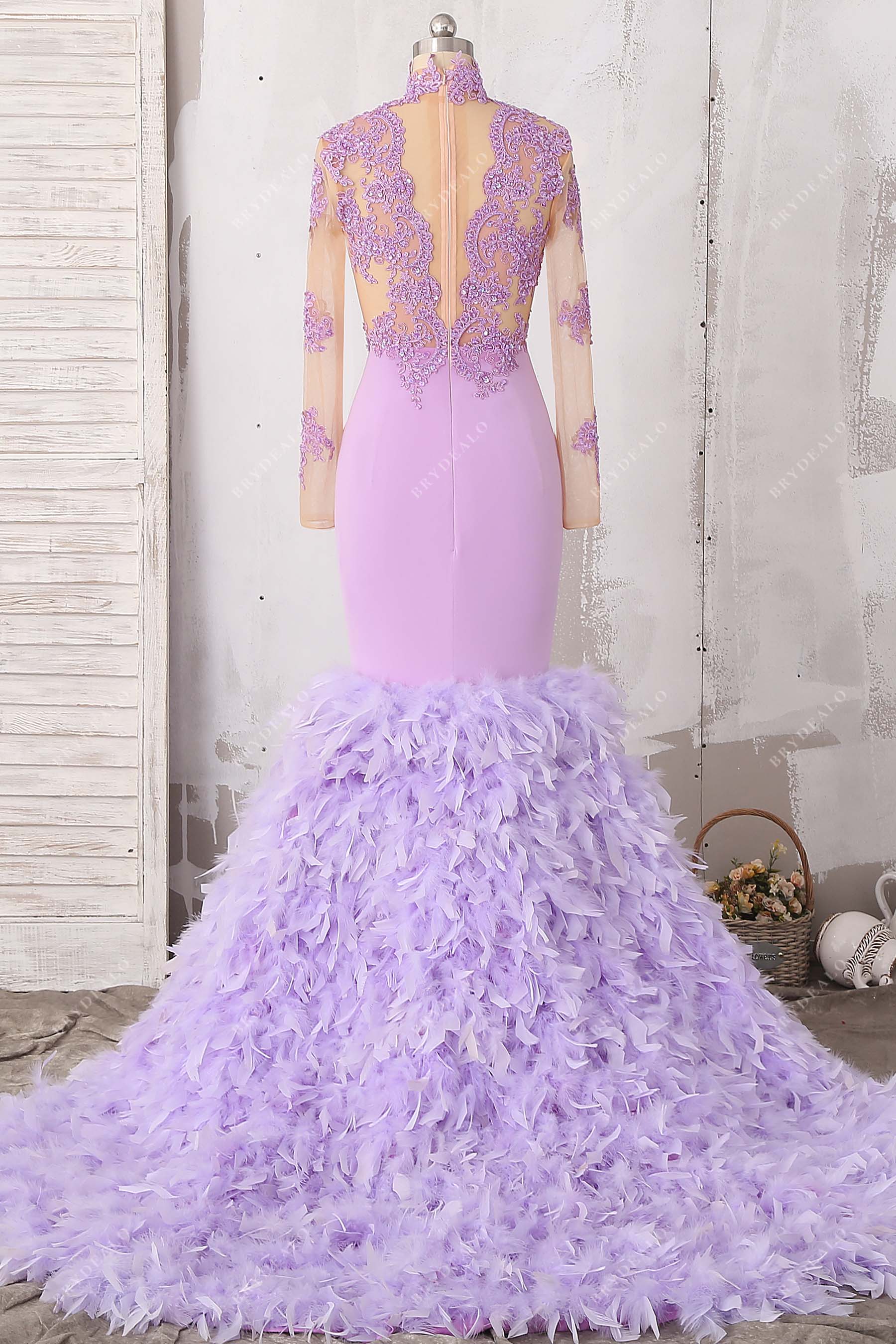 illusion back trumpet lilac feather lace prom gown