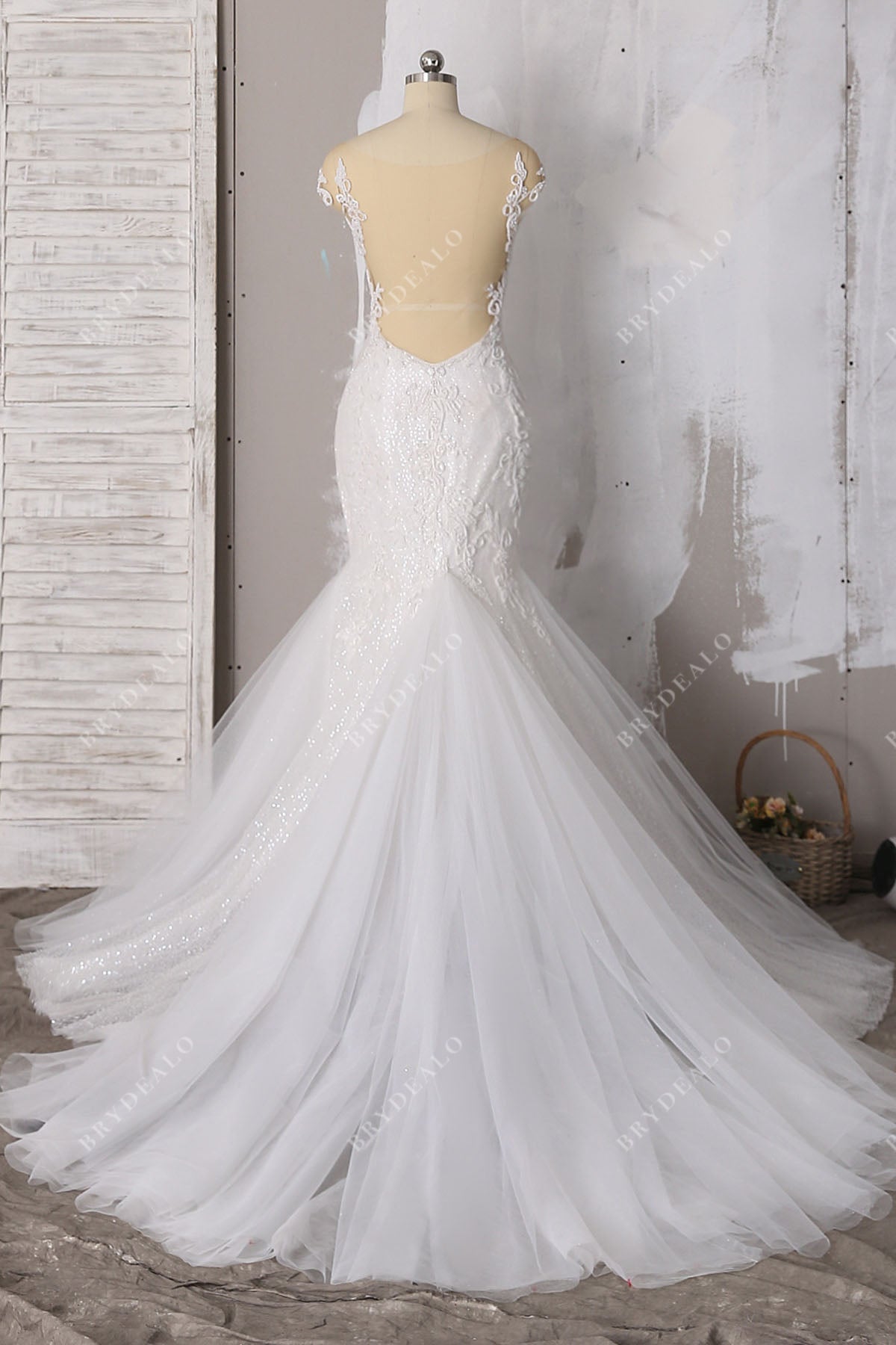 illusion back tulle trumpet bridal gown
