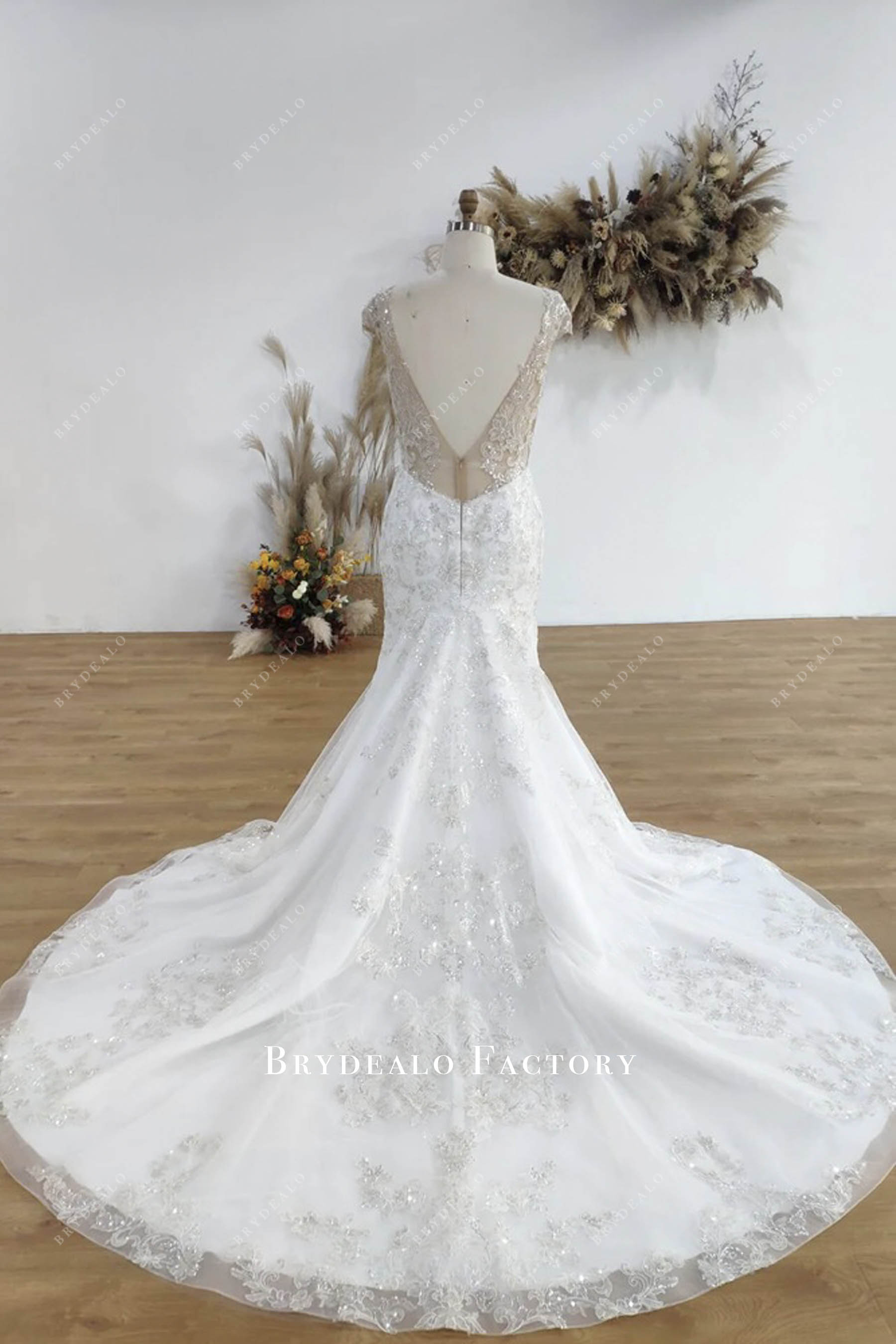 illusion beaded lace back long wedding gown