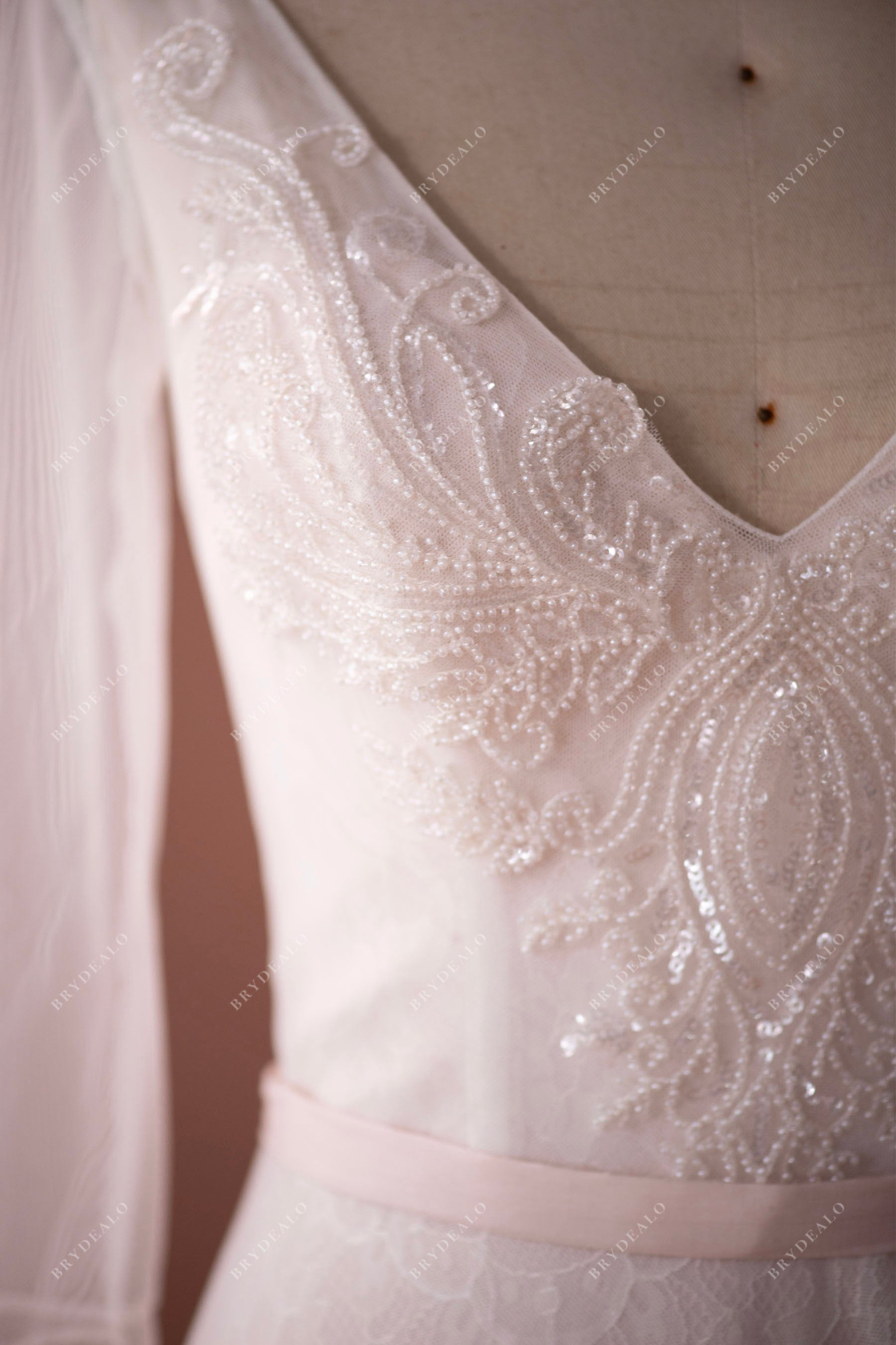 Illusion Sleeved Beaded Lace Tulle Boho Wedding Dress