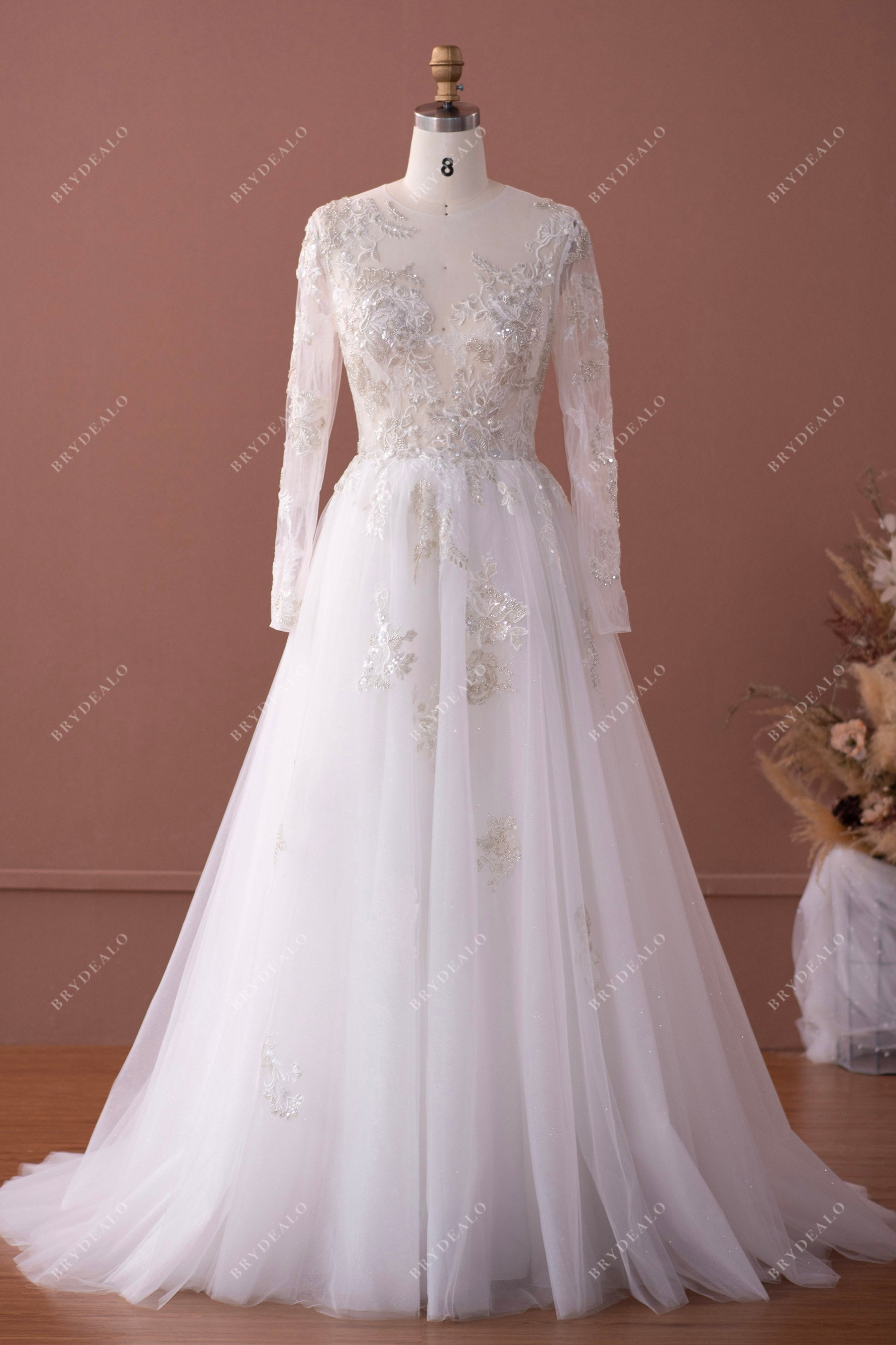 illusion beaded lace sleeve tulle wedding dress