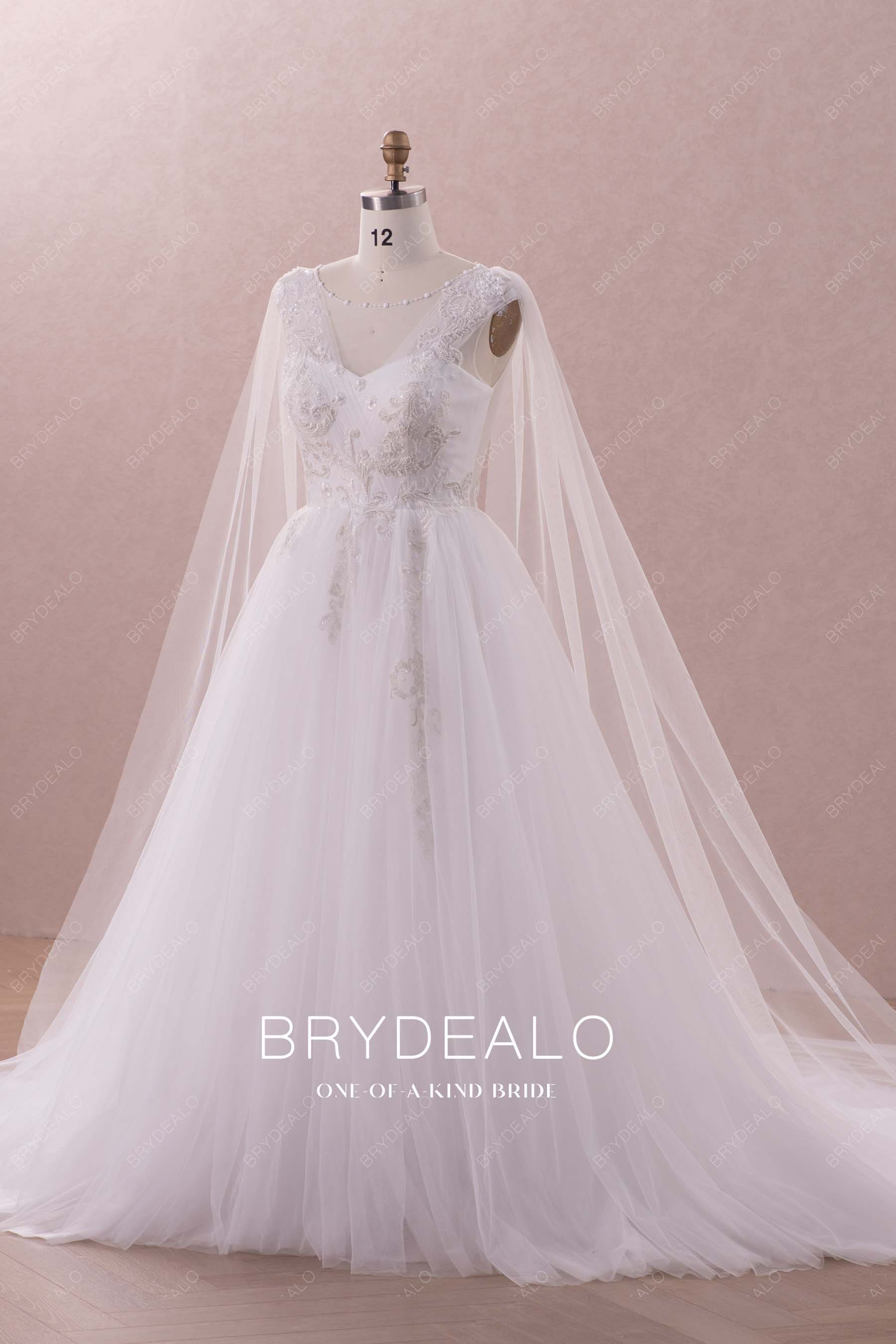 illusion beaded neck lace tulle wedding gown