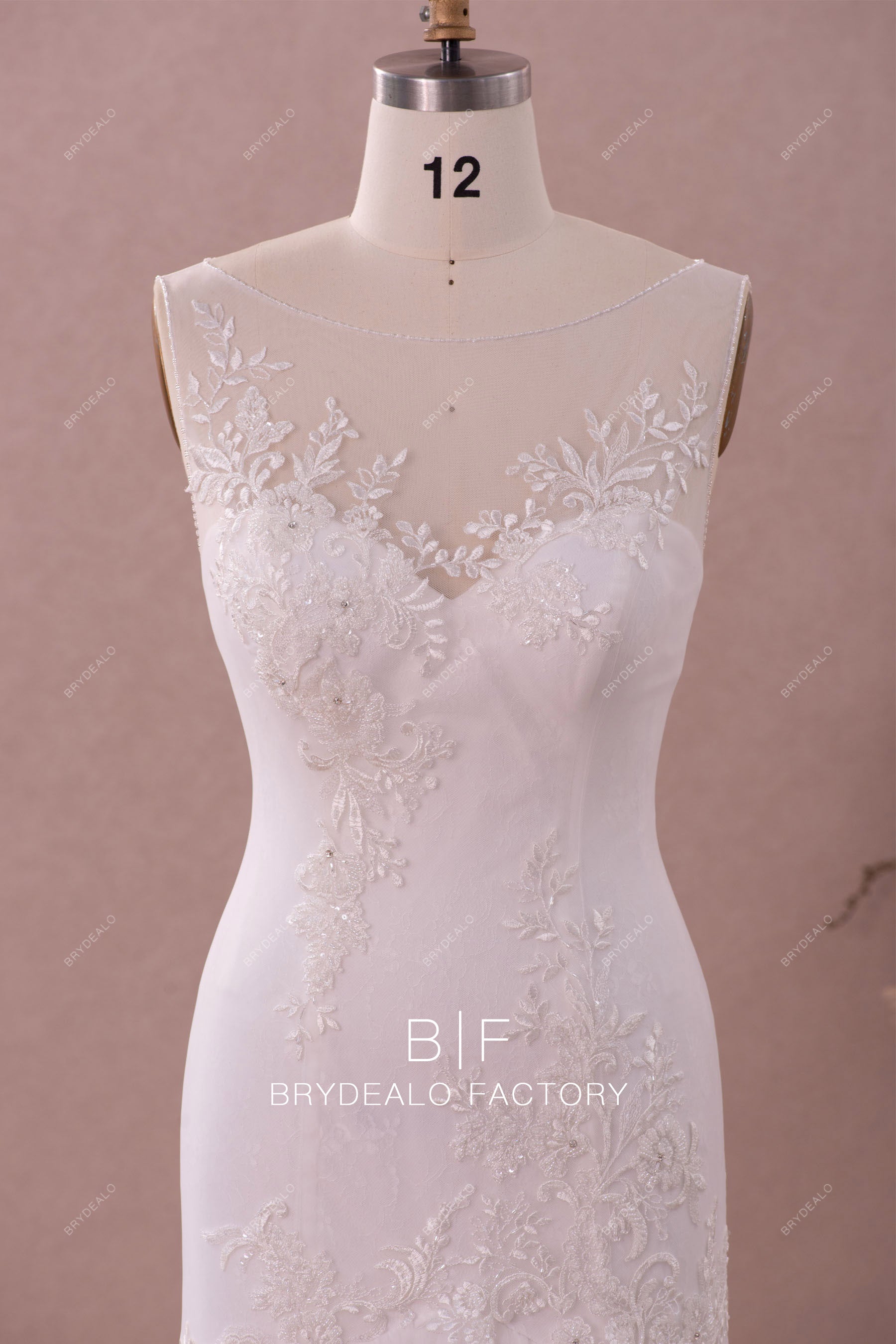 illusion beaded neck lace wedding dress