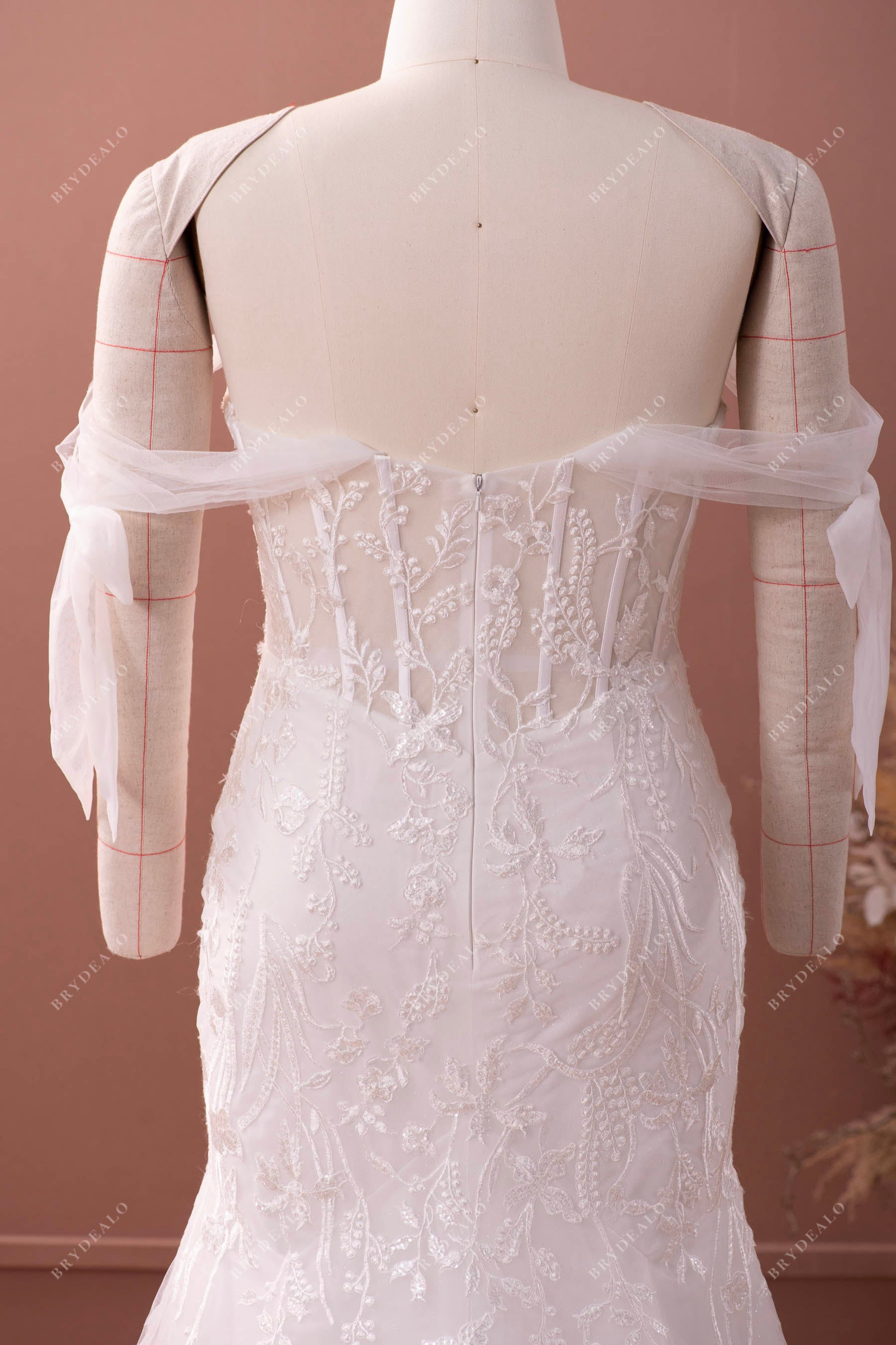 off shoulder exposed boning corset bridal gown