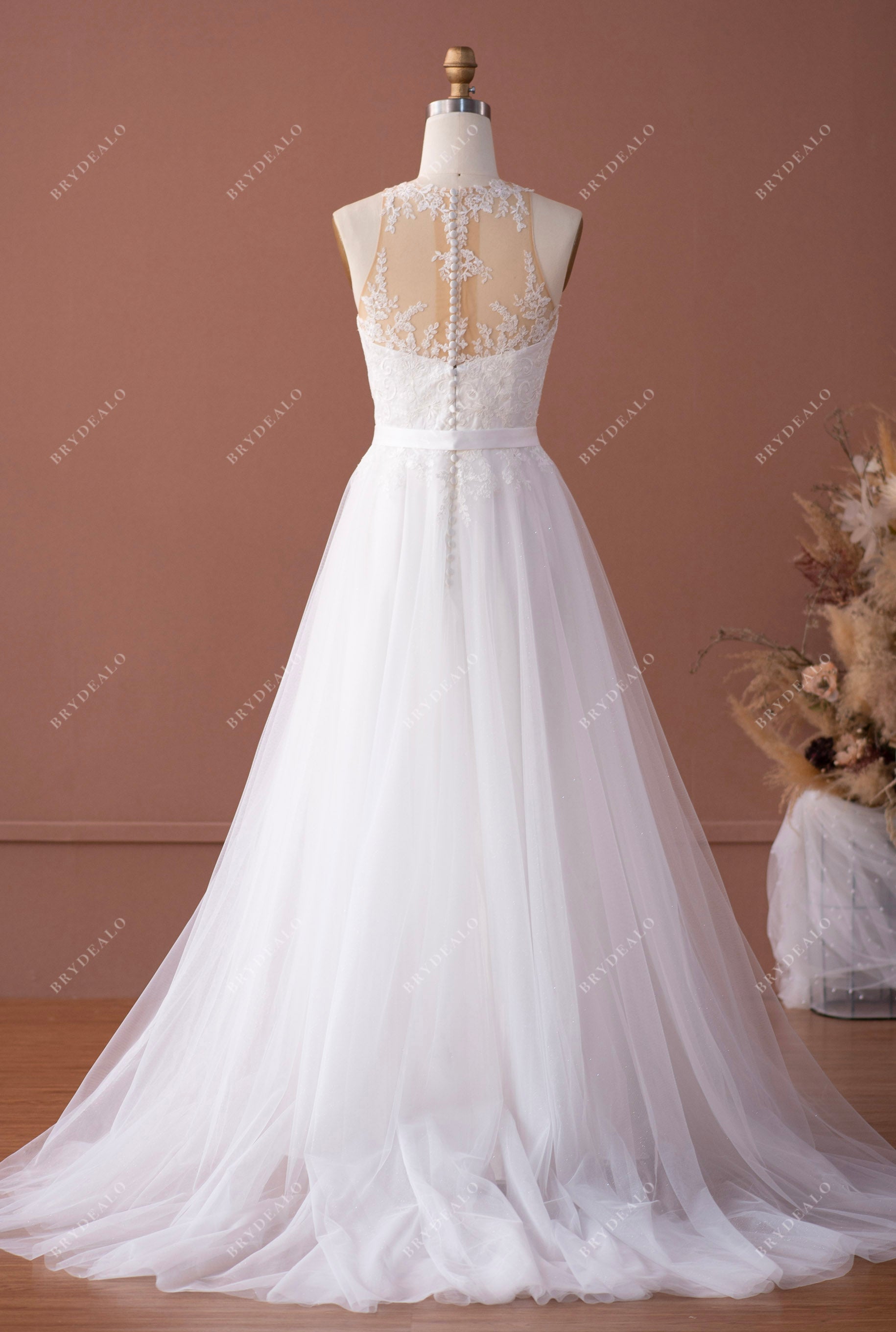 illusion buttoned back A-line wedding dress