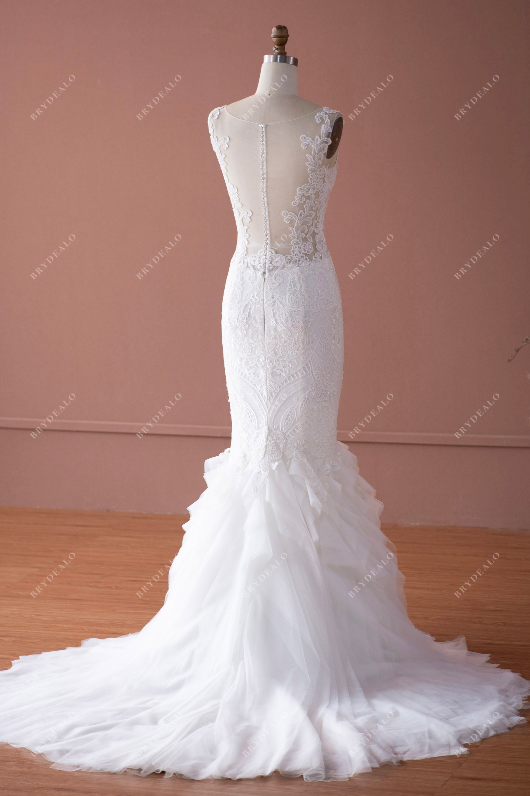 illusion buttoned back lace tulle mermaid wedding gown