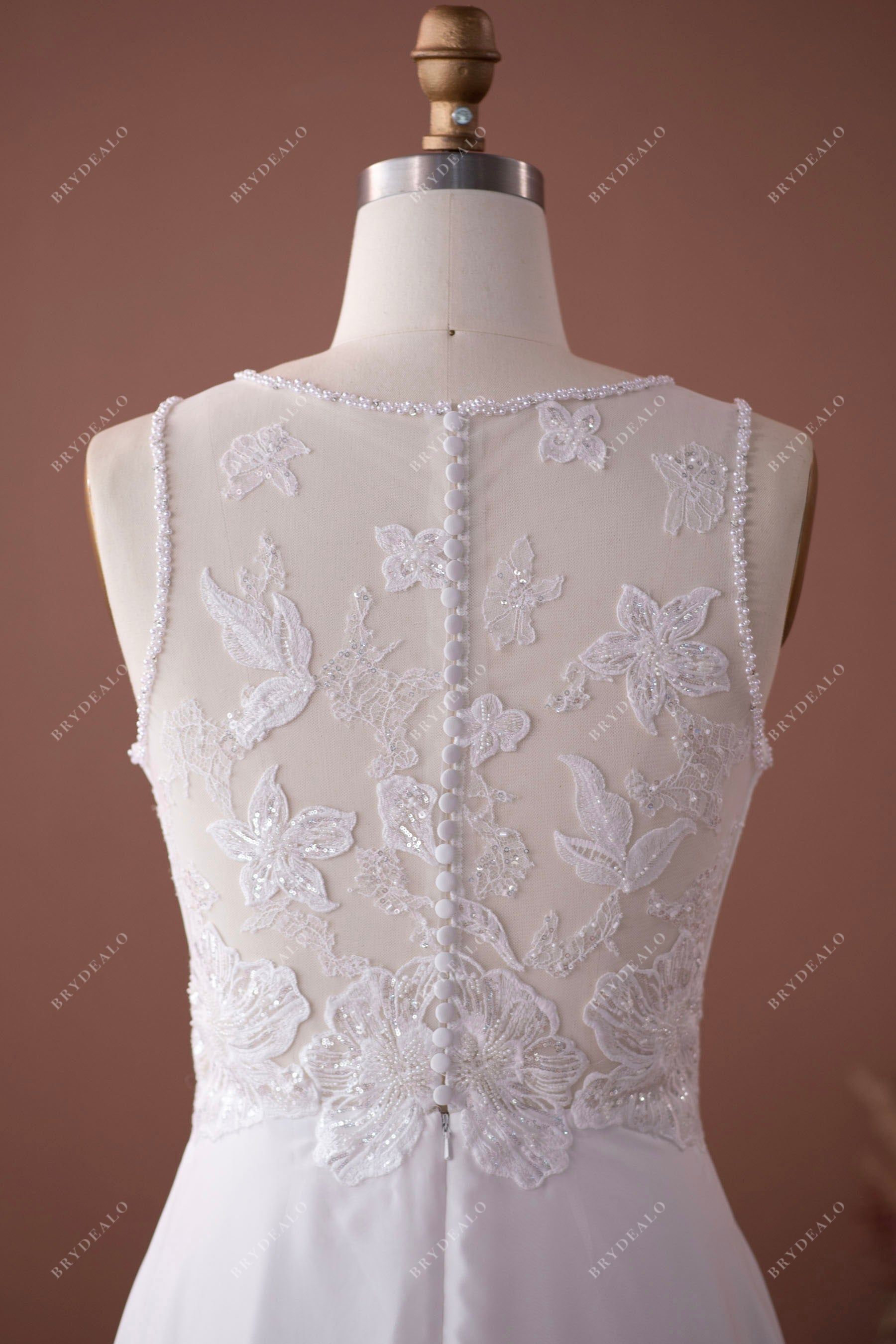 illusion buttoned back lace wedding dress