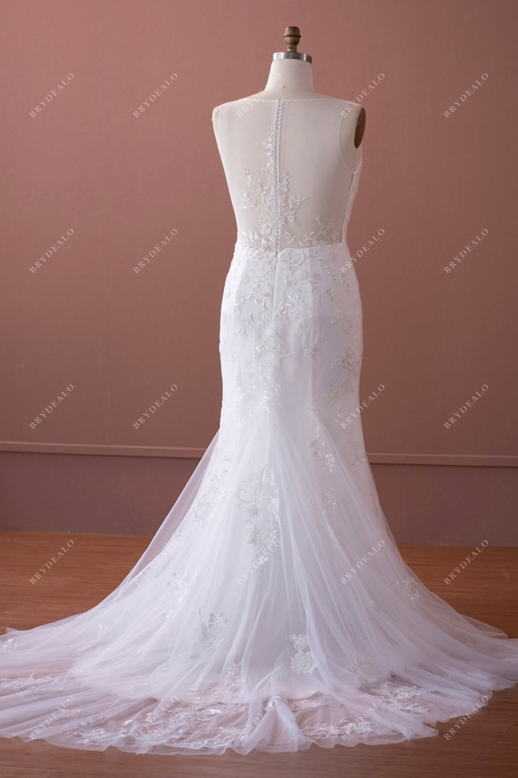 illusion buttoned back mermaid lace wedding dress