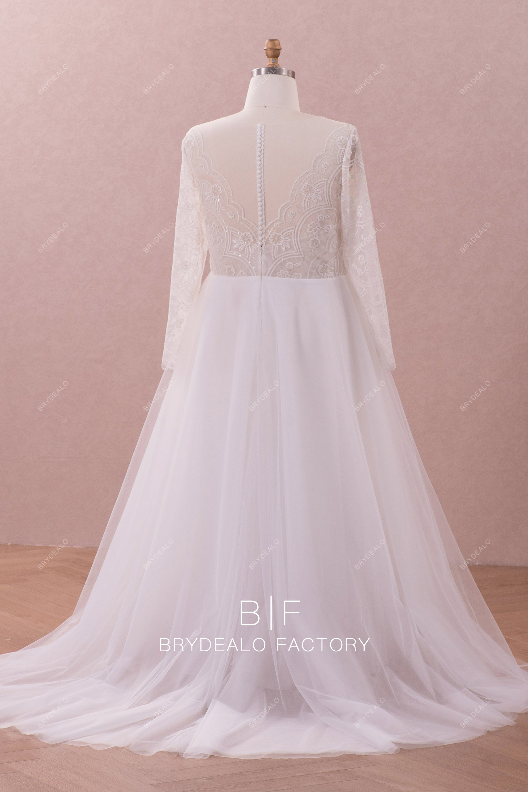 illusion buttoned back sleeved long wedding dress