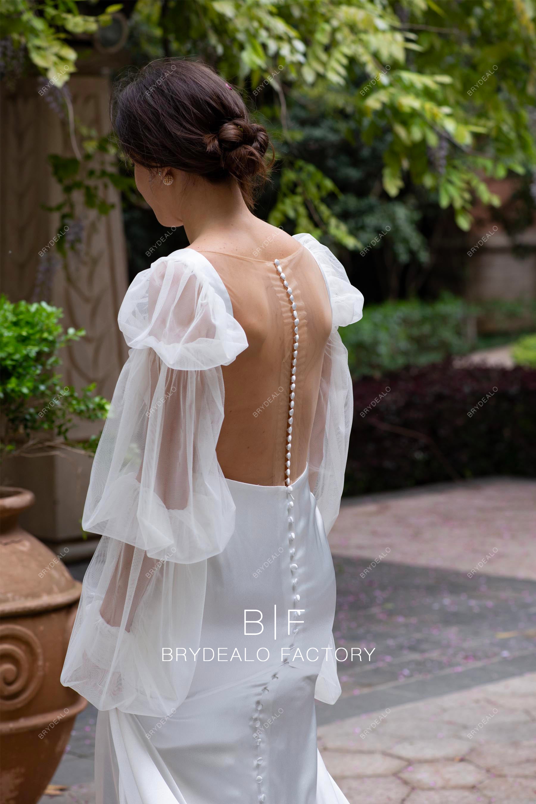 illusion buttoned back tulle sleeve satin wedding dress