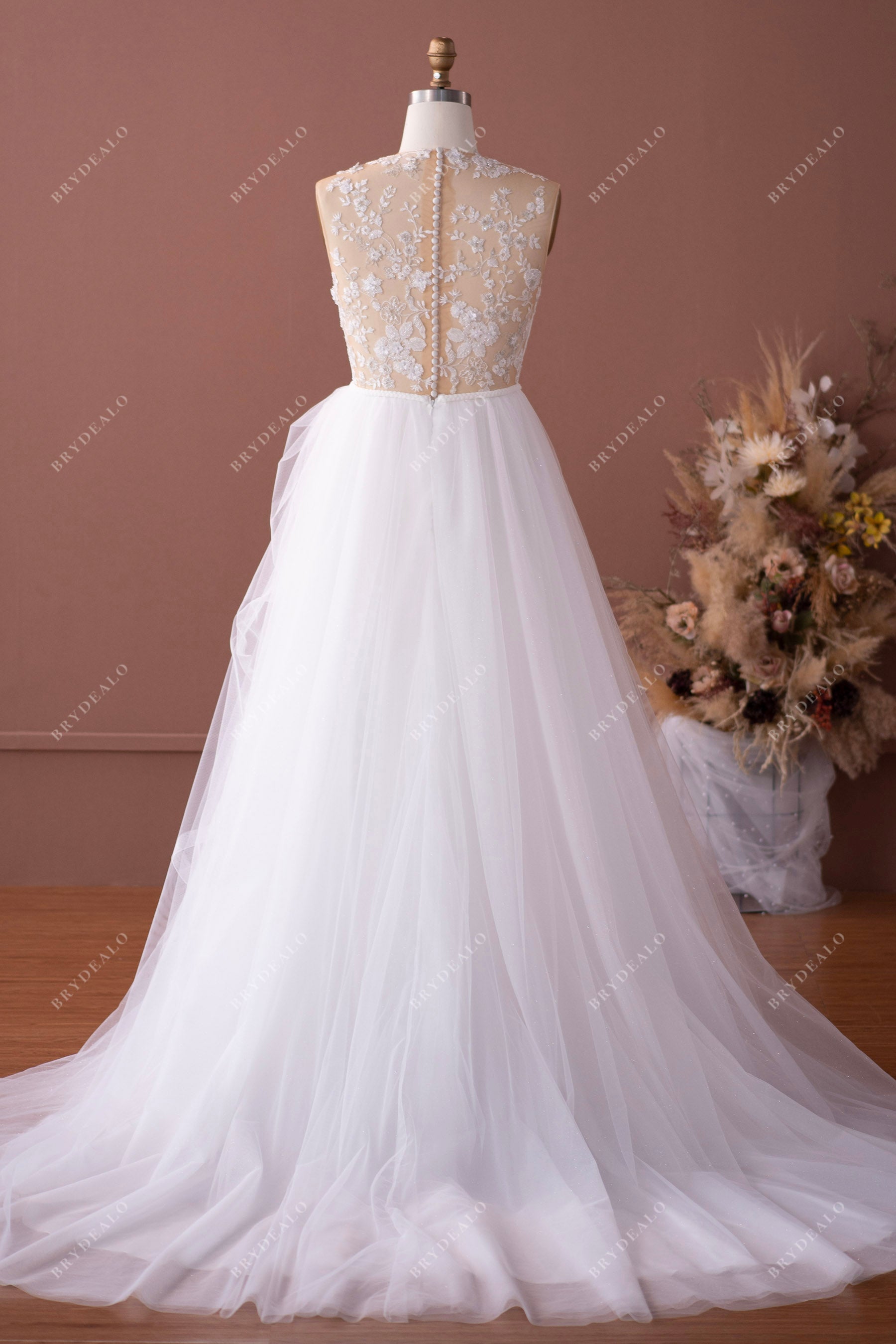 illusion buttoned back tulle wedding gown