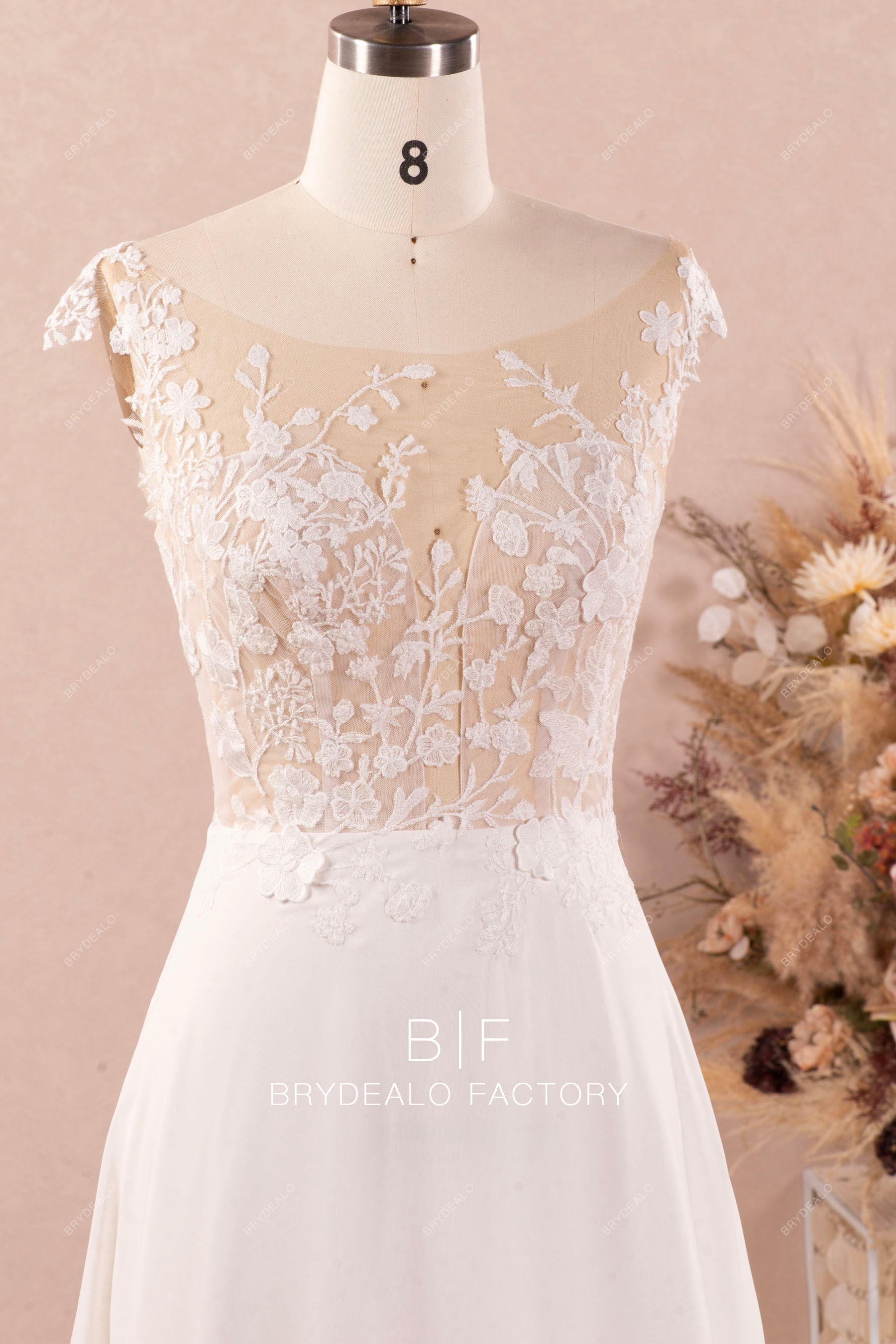 illusion cap sleeve botanic lace wedding dress