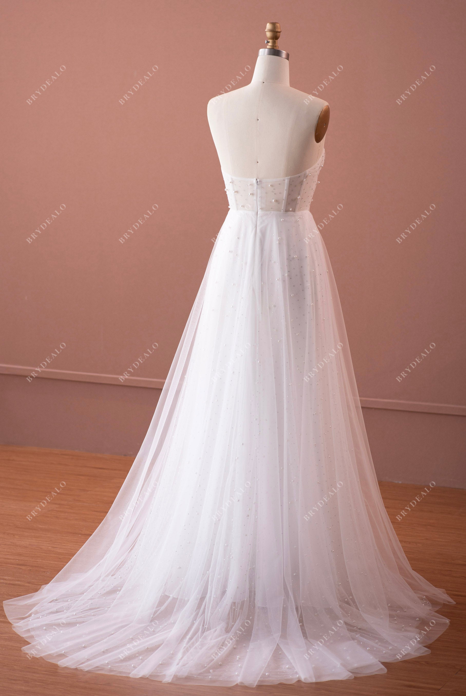 illusion corset pearl long wedding dress