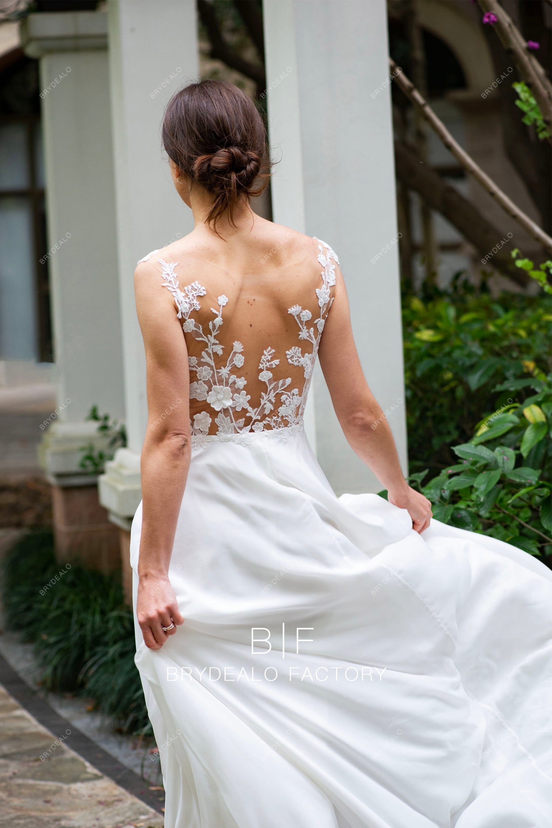 illusion flower lace back wedding dress