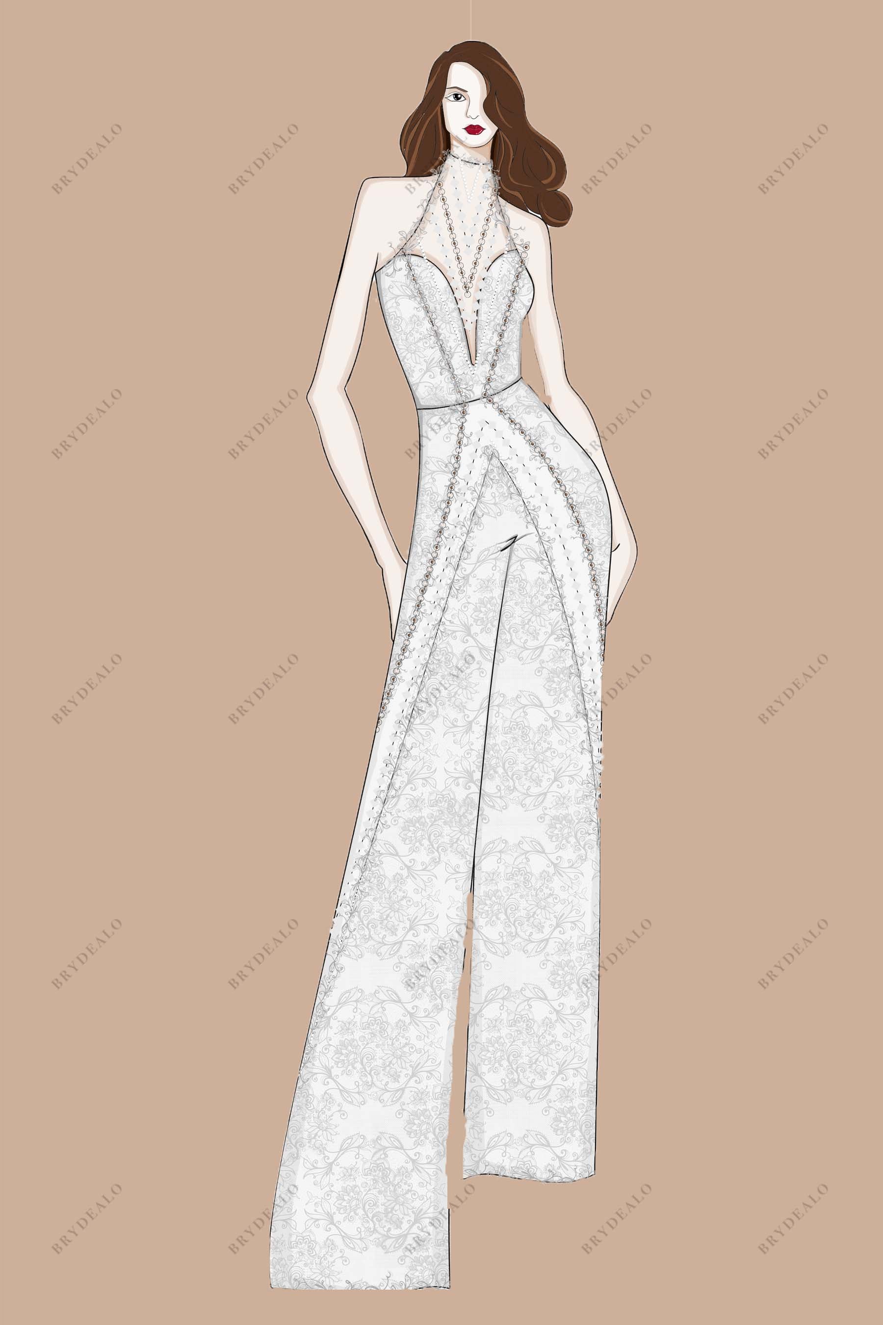 Illusion Halter Neck Beaded Plunging Lace Bridal Jumpsuit Sketch