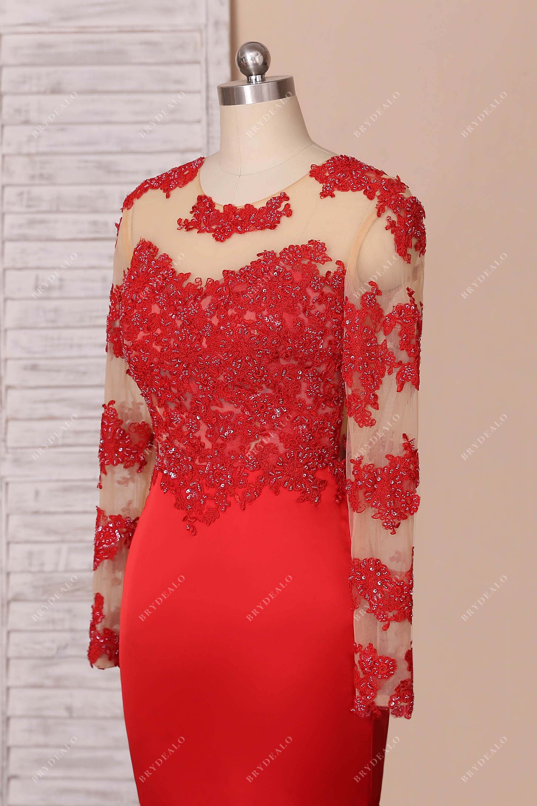 illusion jewel neck red lace prom gown