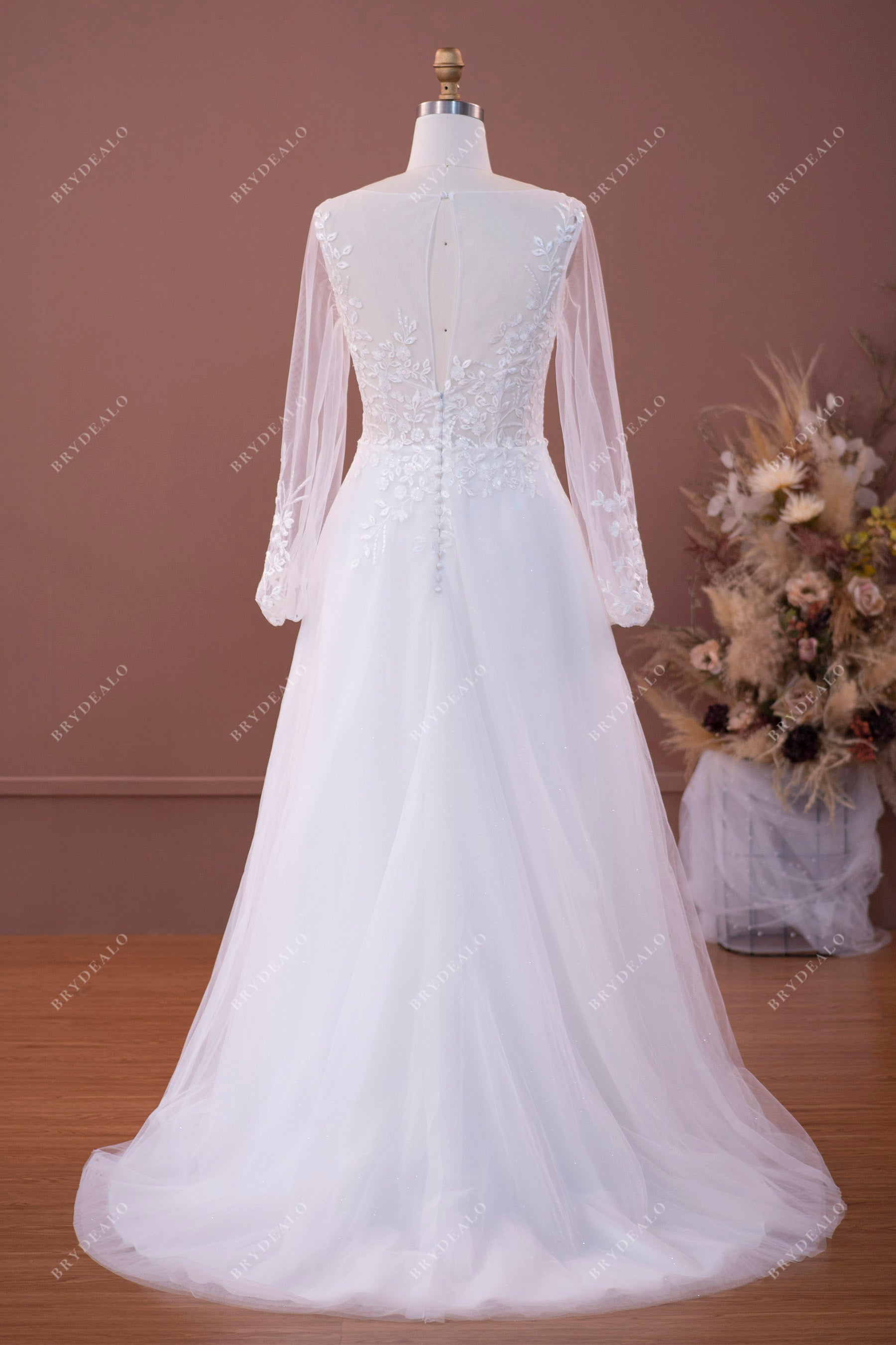 illusion keyhole back lace shimmery tulle wedding dress