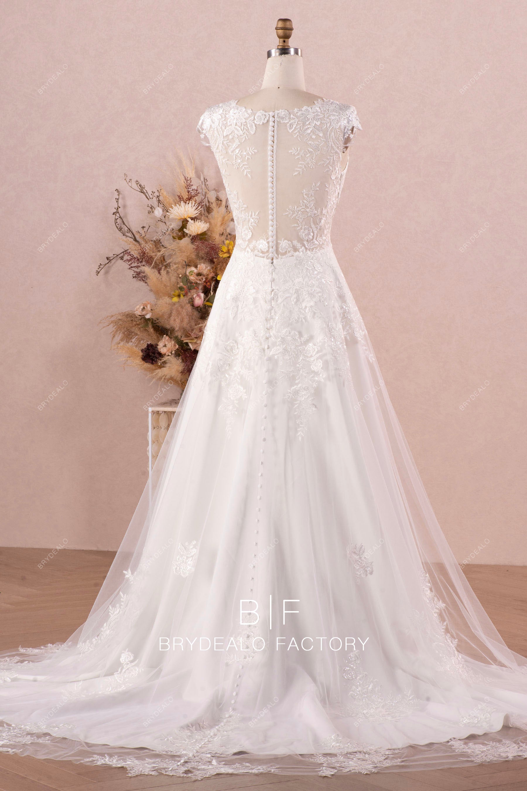 Crepe Cap Sleeve Long Bridal Dress With Lace Overskirt