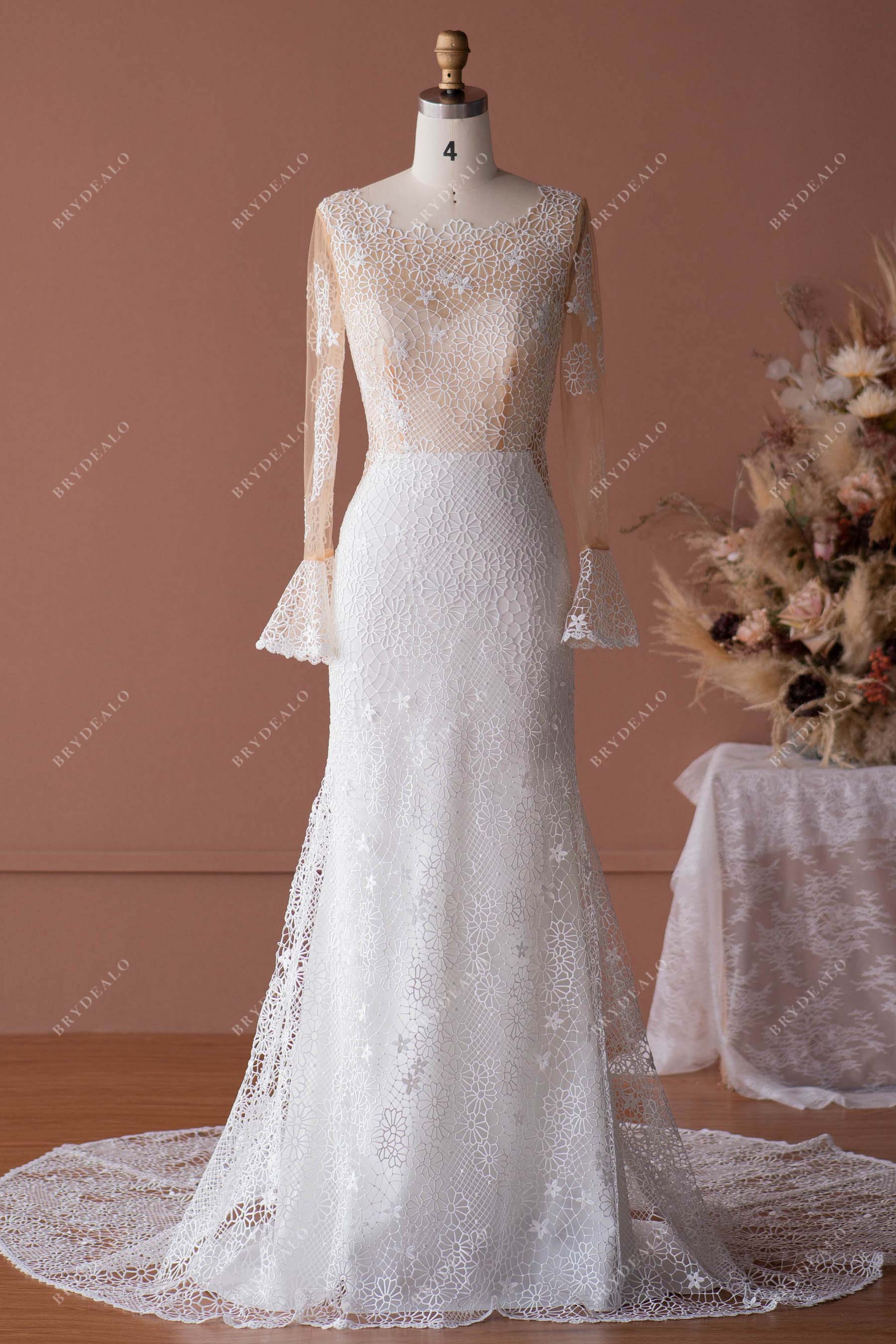 illusion lace bell sleeves mermaid wedding dress