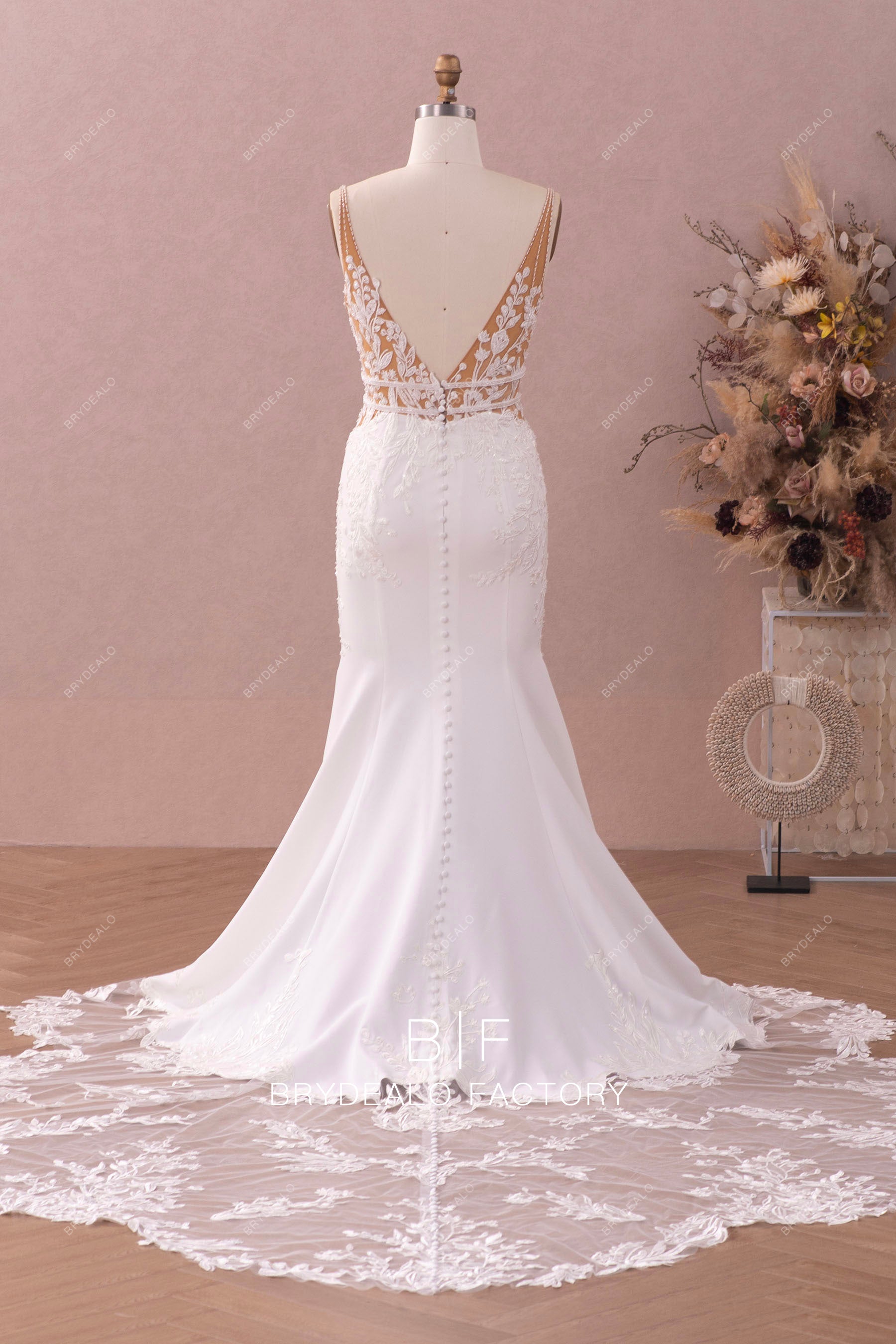 illusion lace cutout train crepe wedding dress