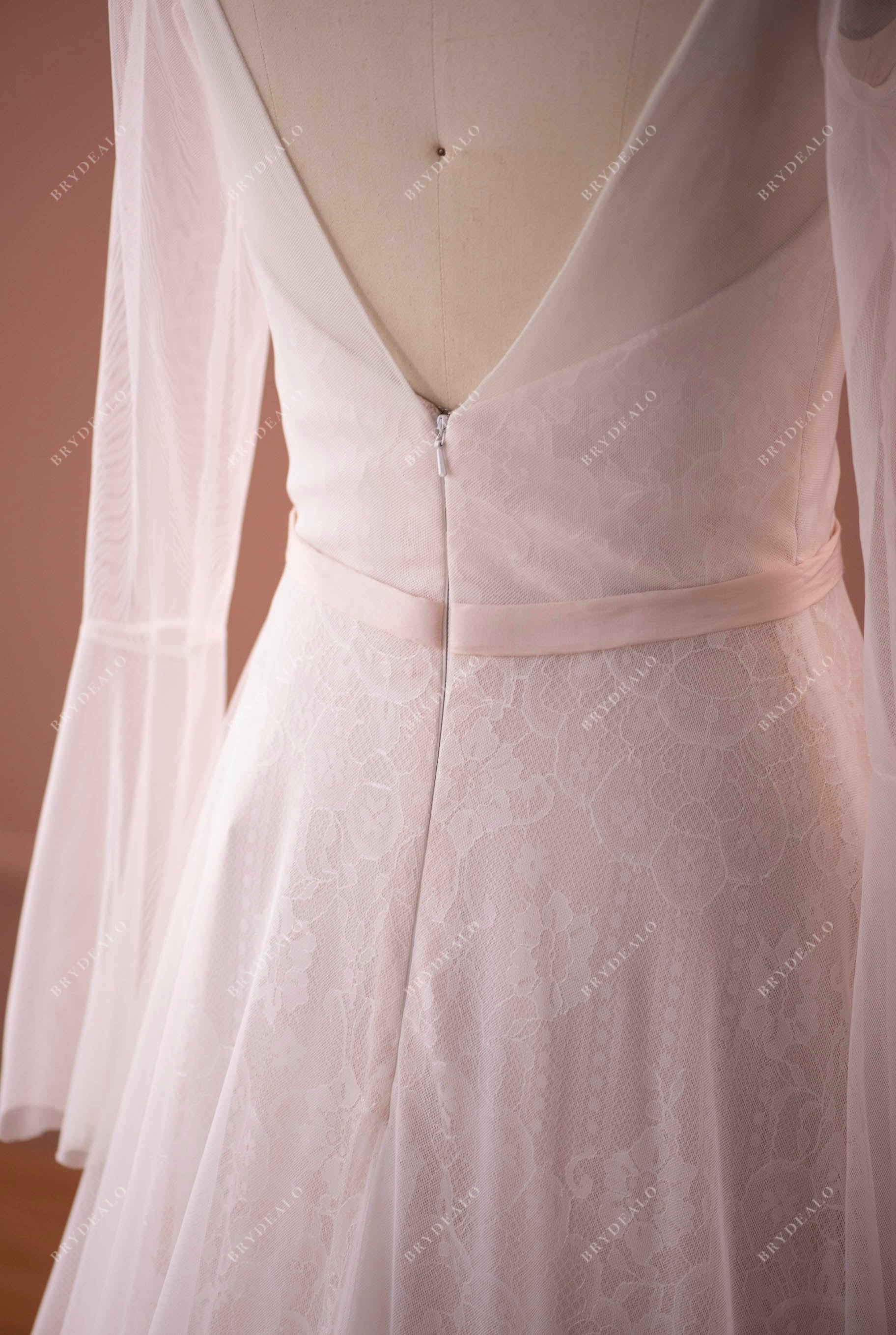 Illusion Sleeved Lace V-back Tulle Boho Wedding Dress