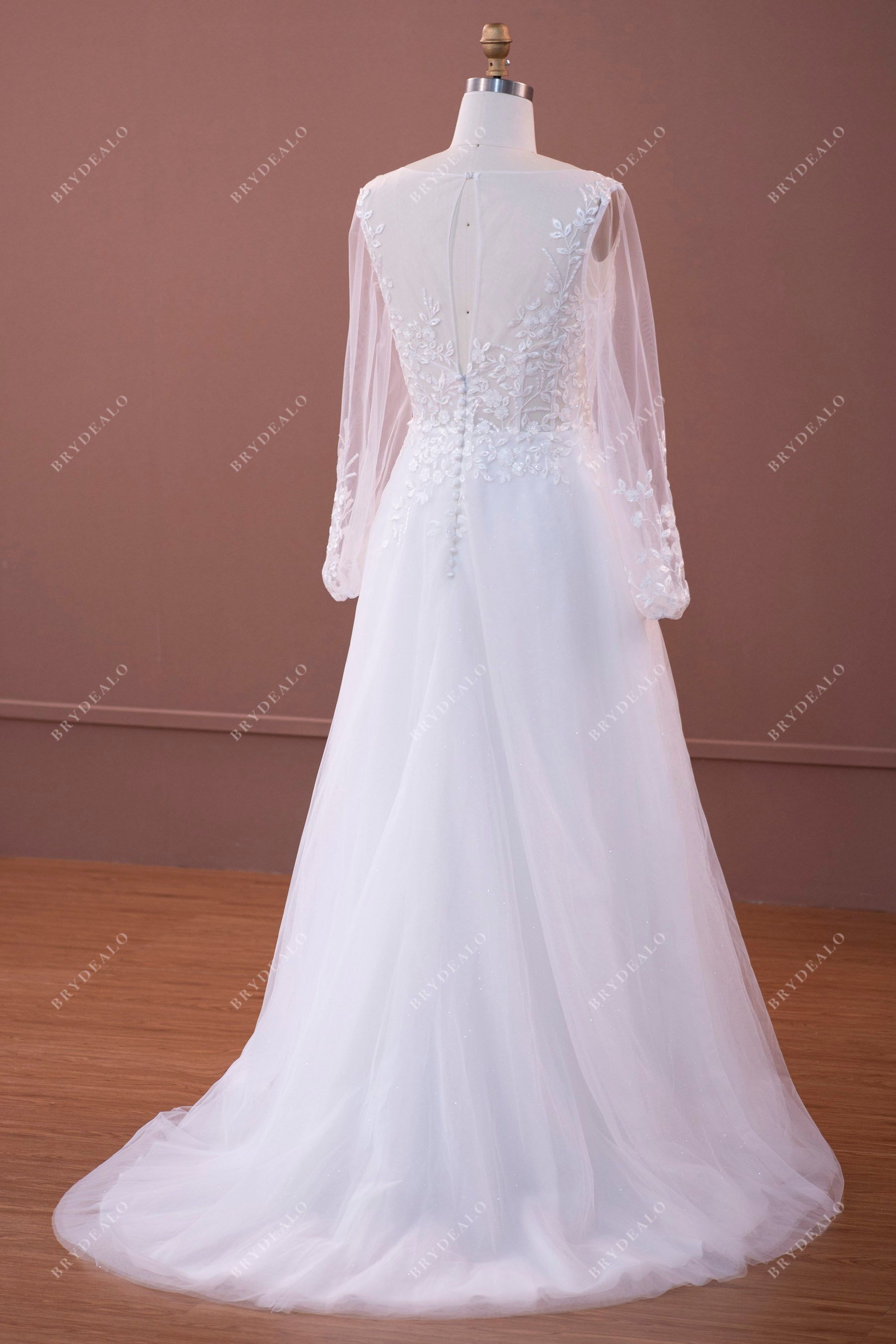 illusion long sleeves keyhole back lace shimmery tulle bridal gown