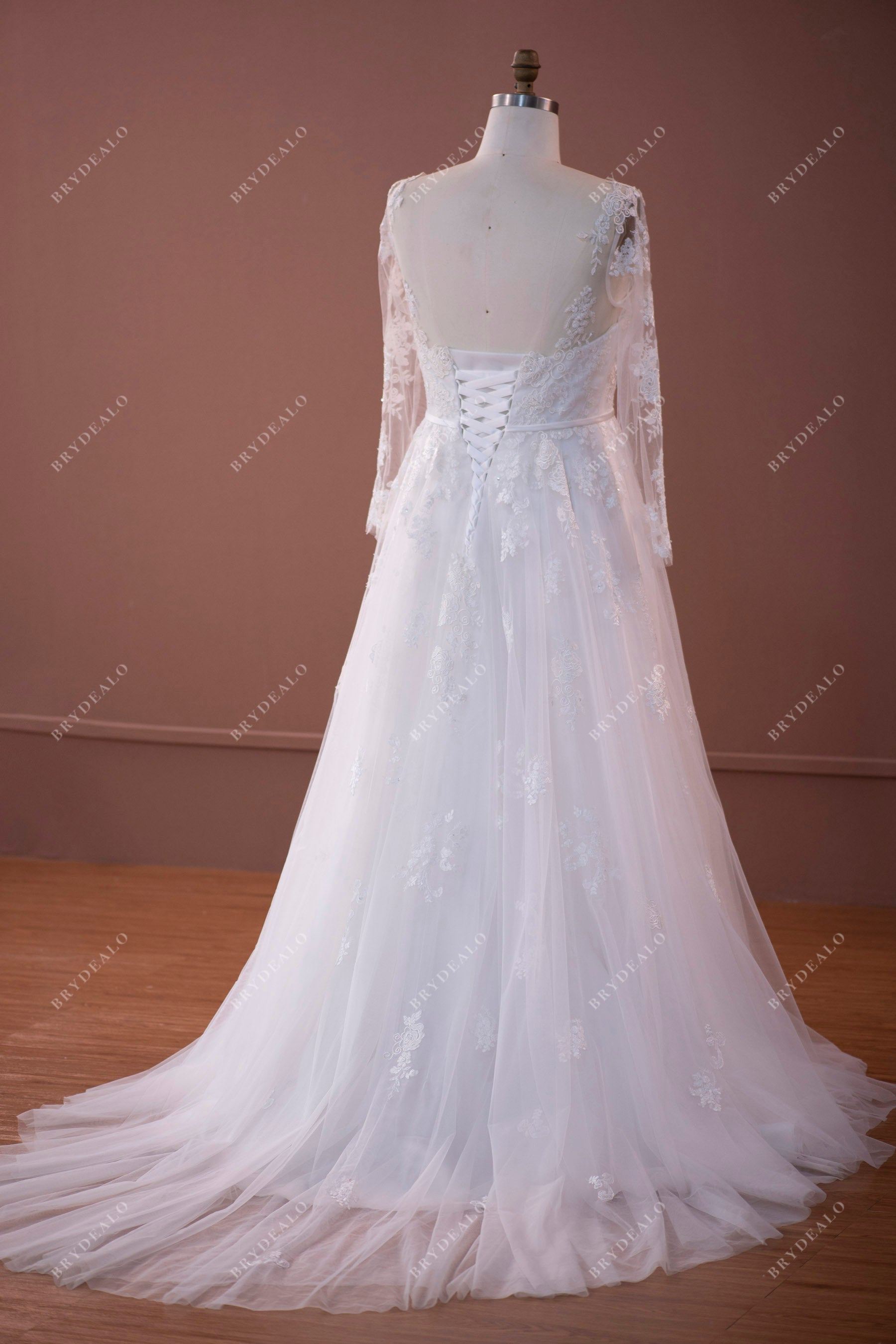 Plus Size Illusion A-line Lace Up Back Long Wedding Dress