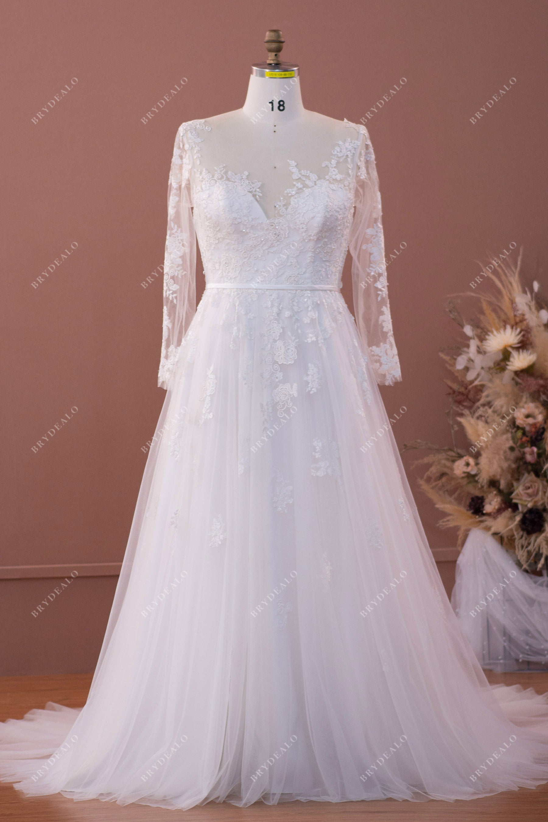 Plus Size Illusion A-line Lace Long A-line Wedding Dress