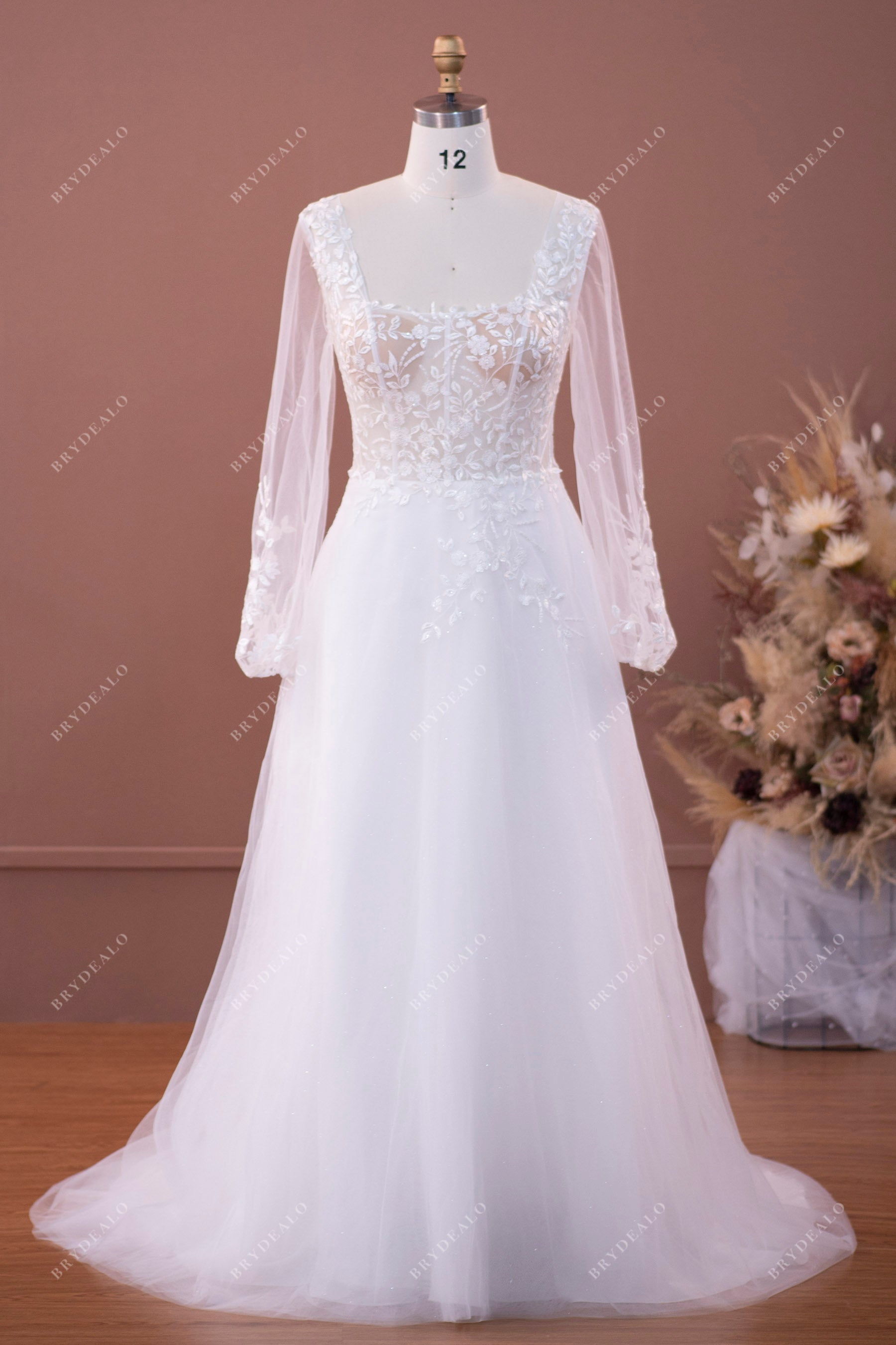 illusion long sleeve lace shimmery tulle wedding dress