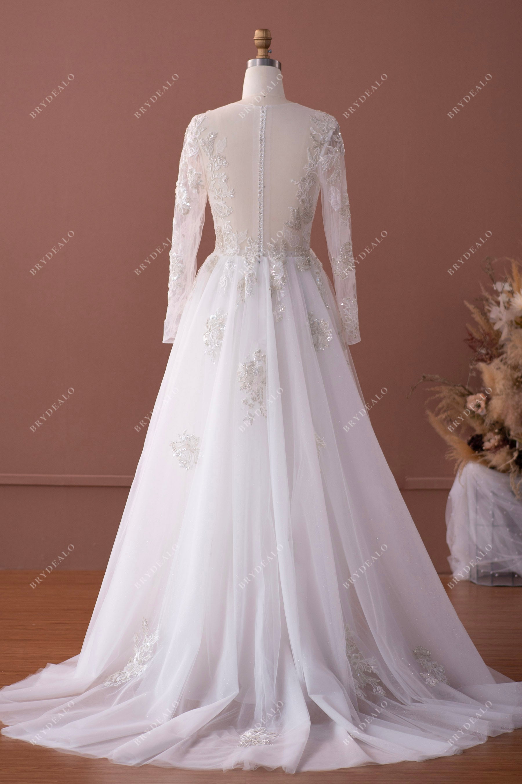 illusion long sleeve lace tulle wedding gown