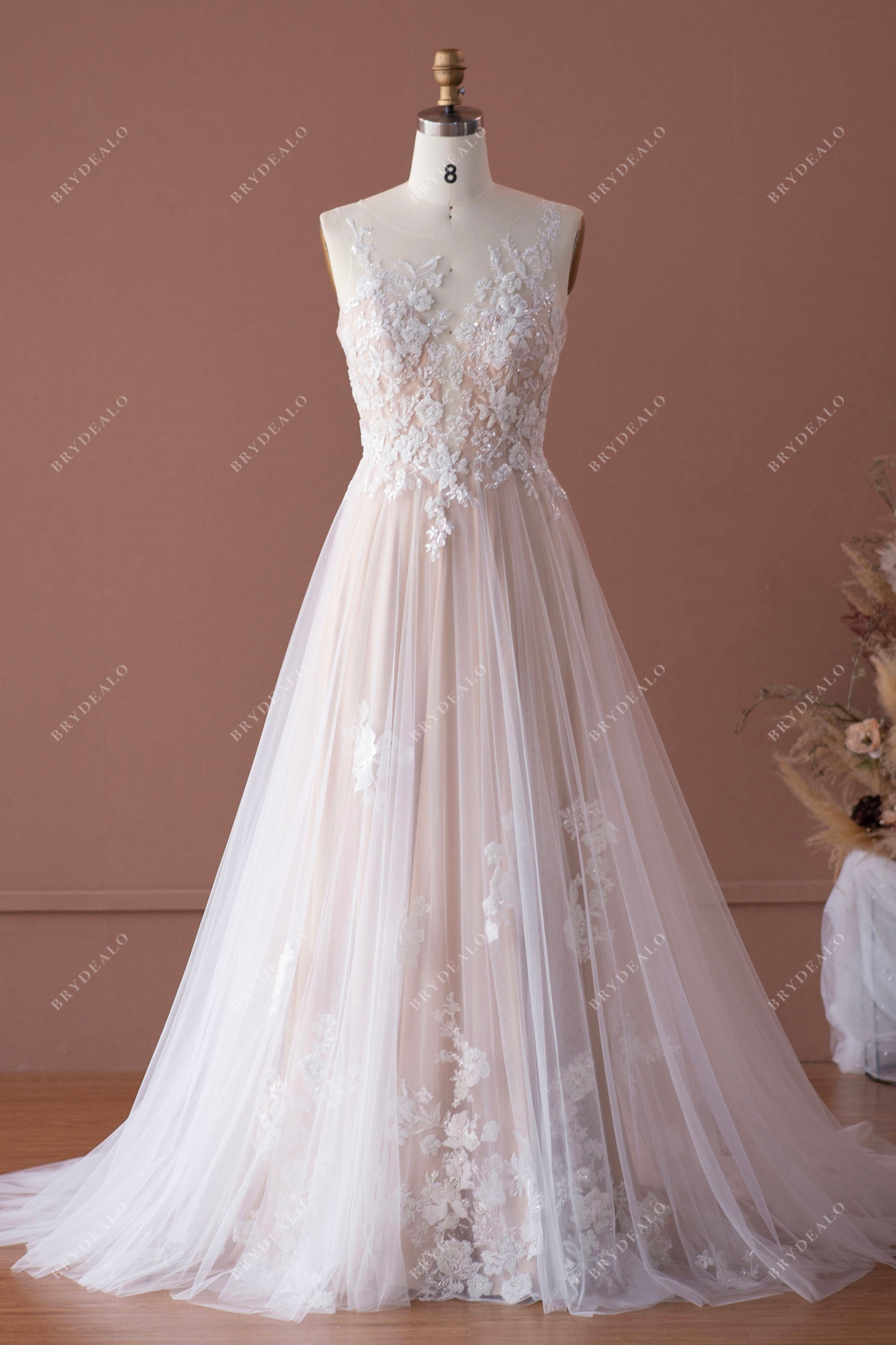 illusion neck beaded lace A-line wedding dress sample