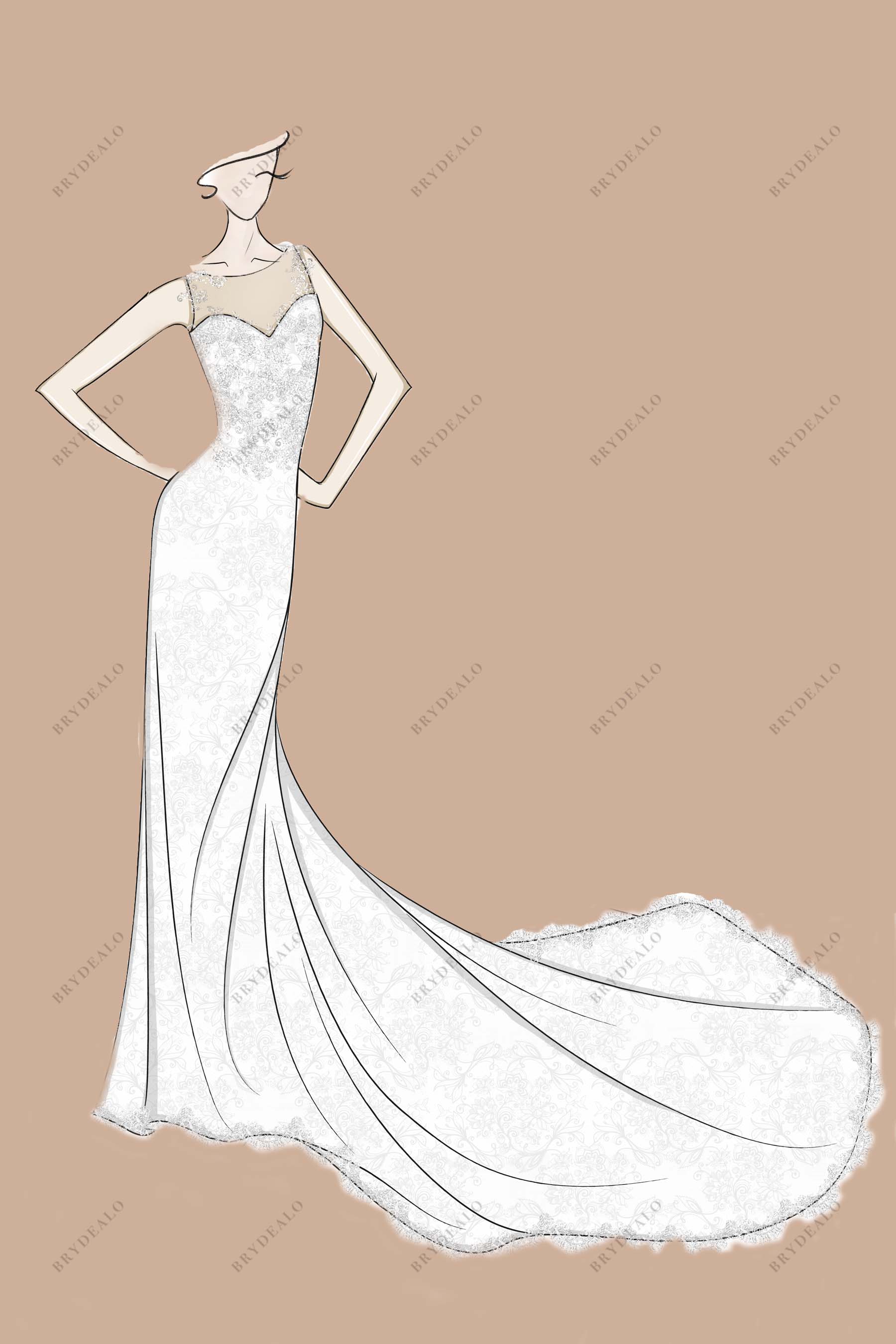 Illusion Neck Designer Lace Mermaid Wedding Dress Sketch