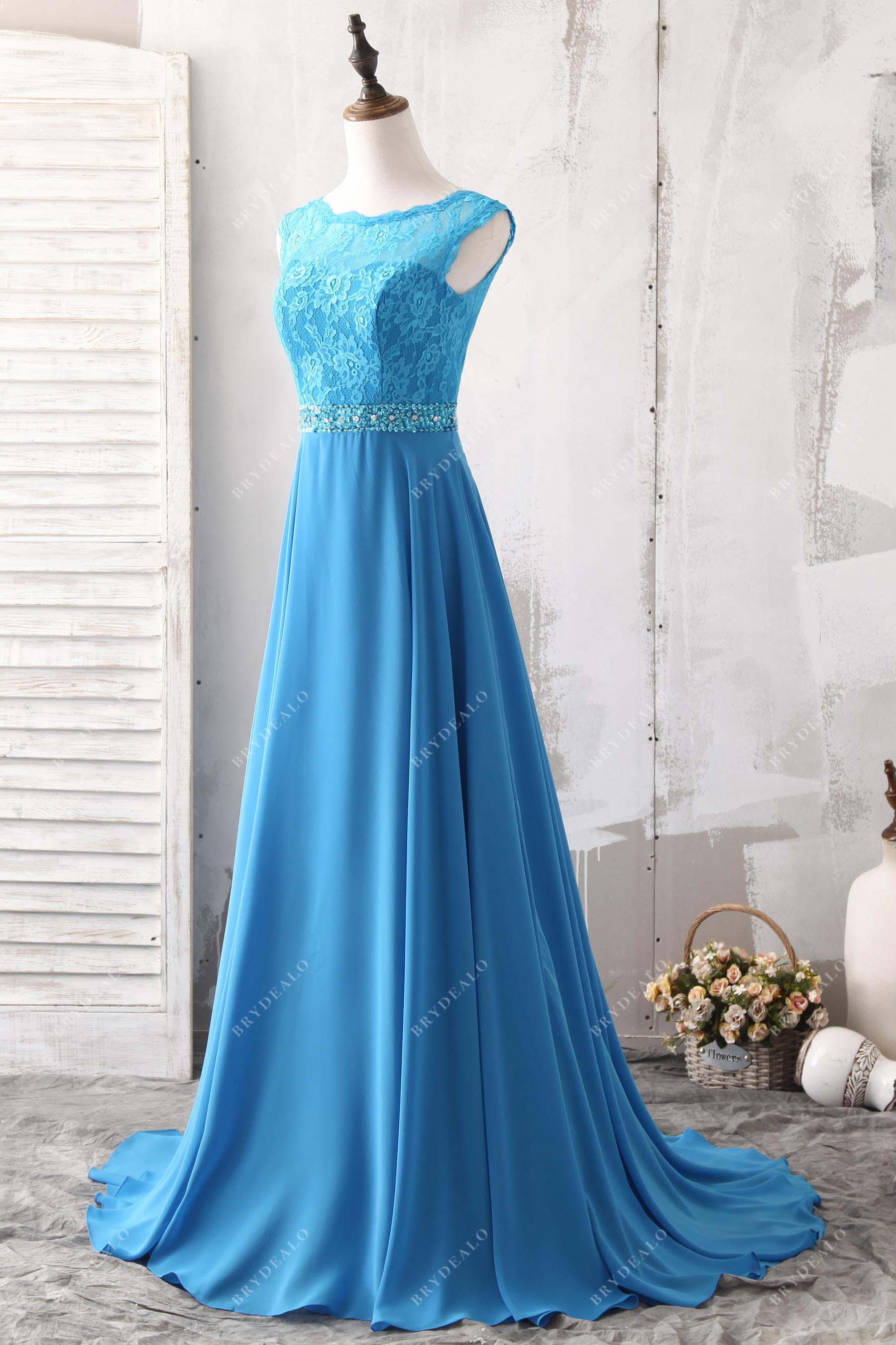 illusion neck lace chiffon ocean blue prom dress