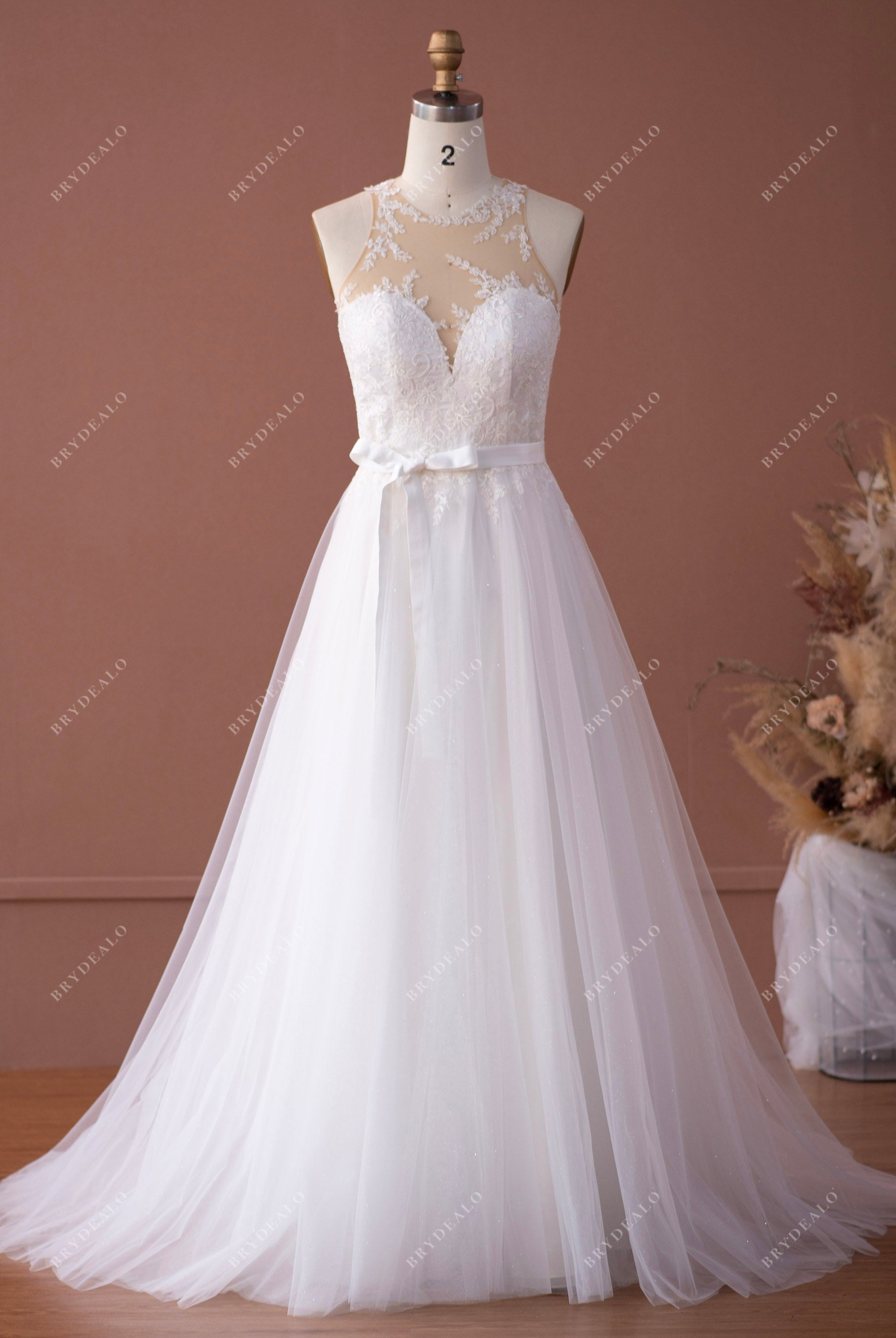 illusion neck lace tulle A-line wedding dress