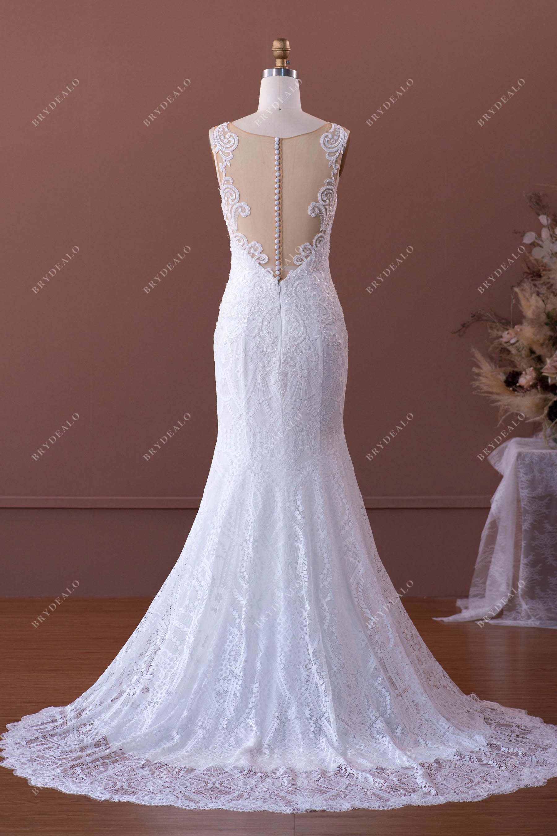 illusion neck mermaid lace court train wedding dress