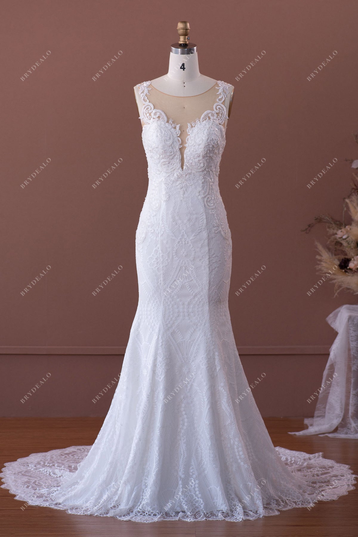 Mermaid Round Neck Illusion Back Lace Wedding Gown with Appliques TWA2492 main image 1