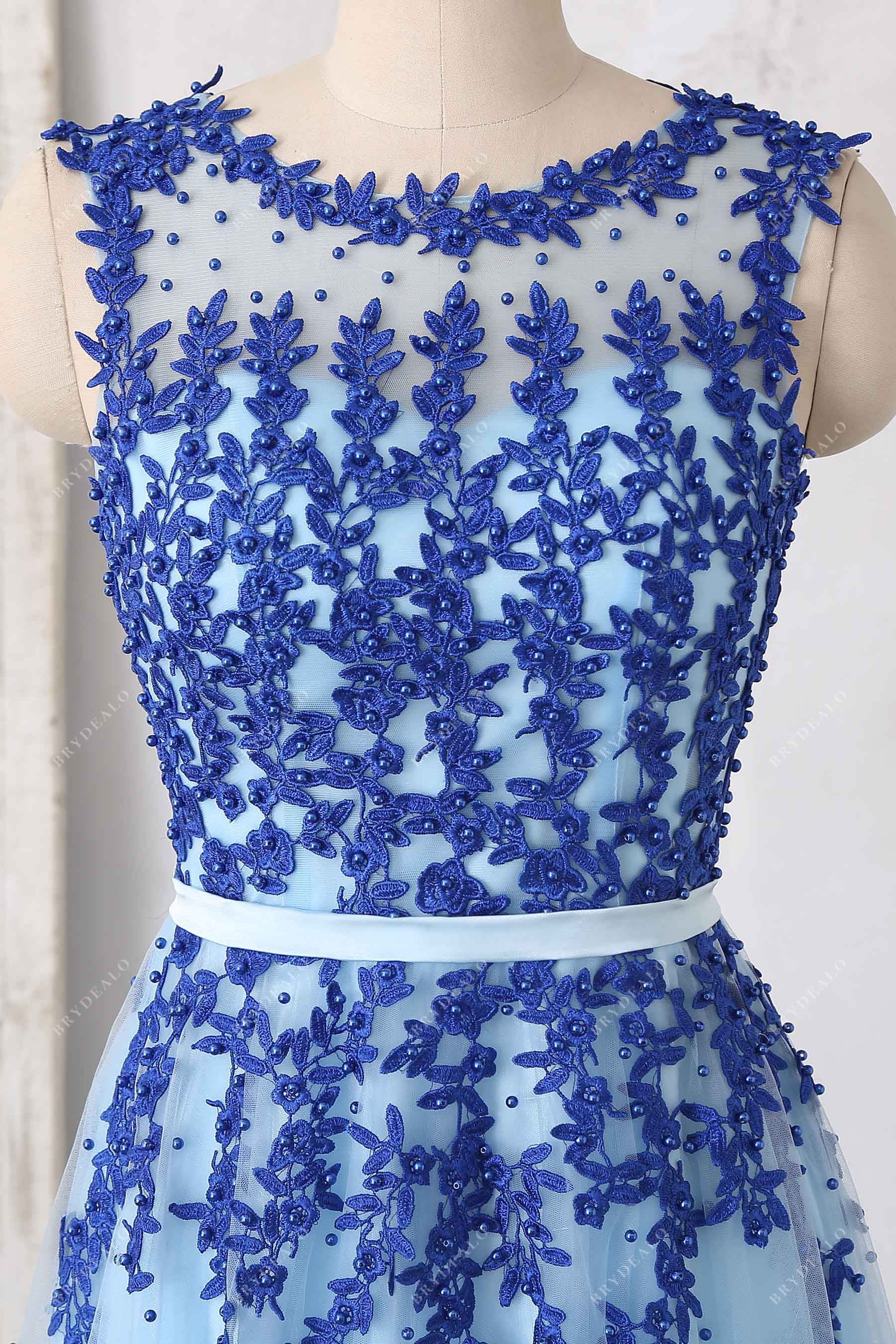 illusion neck royal blue appliques prom gown